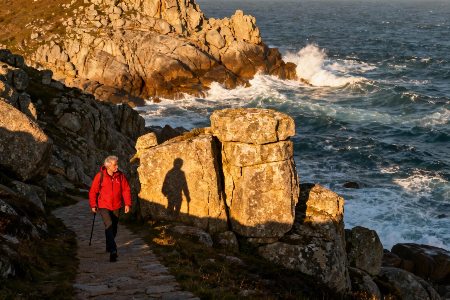 Pèlerin en veste rouge marchant sur les falaises de Cabo Fisterra avec les vagues de l'Atlantique en arrière-plan
