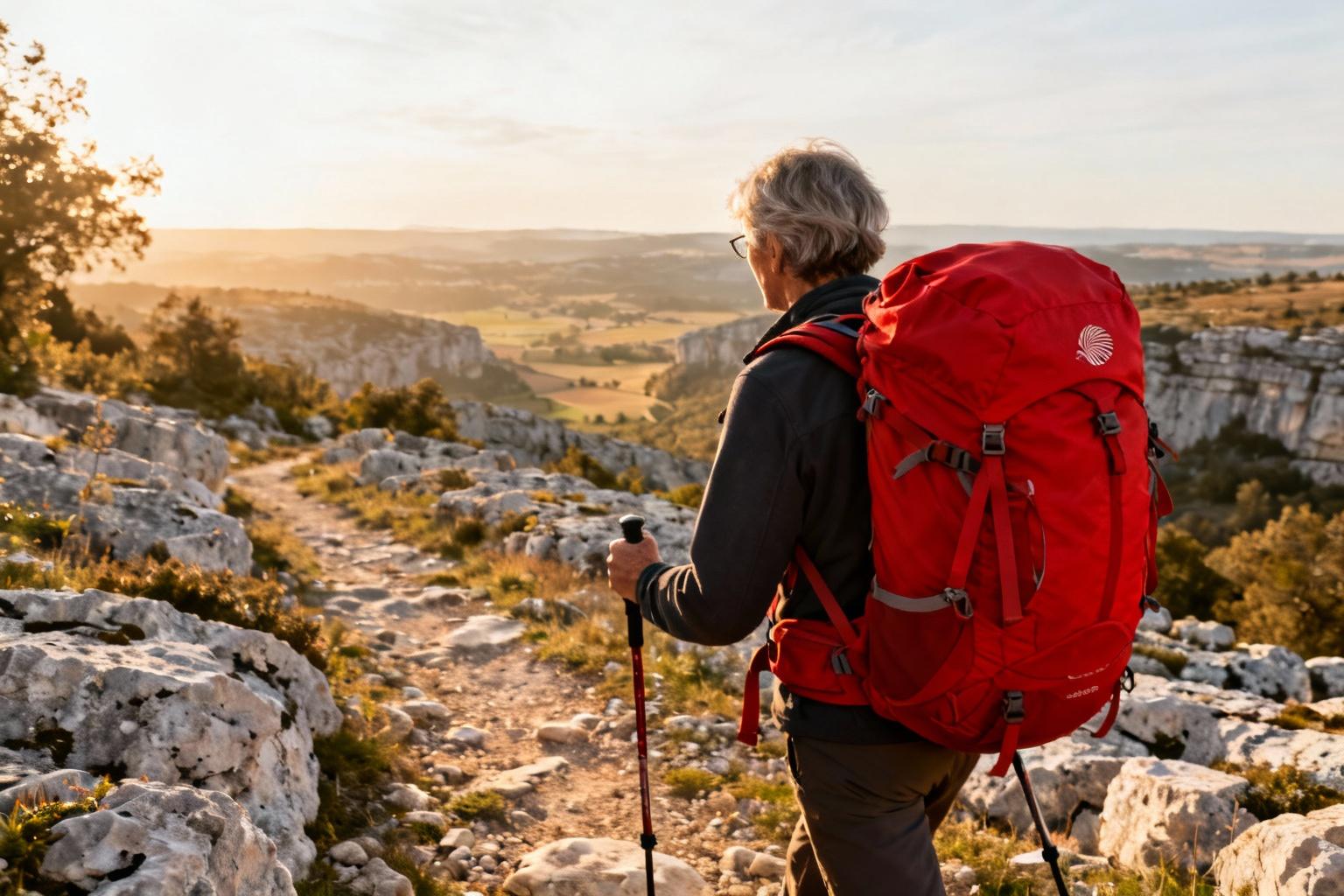Randonneur avec un sac à dos rouge sur le chemin de Compostelle dans les paysages calcaires du Quercy