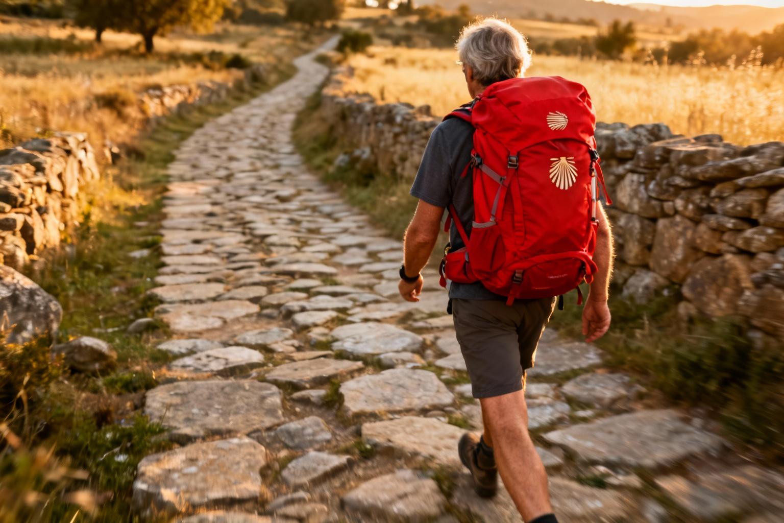 Pèlerin avec un sac à dos rouge marchant sur un chemin de pierres anciennes dans la campagne espagnole