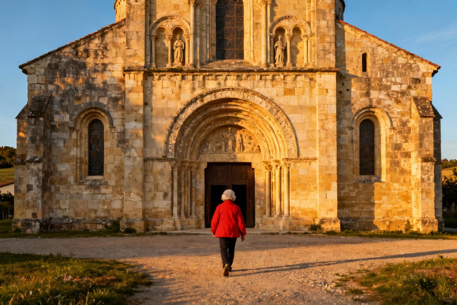 Façade d'une église romane française éclairée par la lumière dorée, avec une femme en veste rouge marchant vers l'entrée
