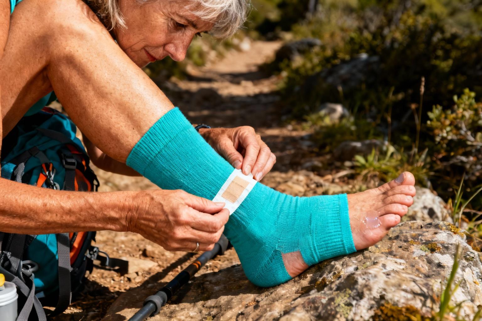 Femme appliquant un pansement sur une ampoule au pied, portant une chaussette de randonnée turquoise