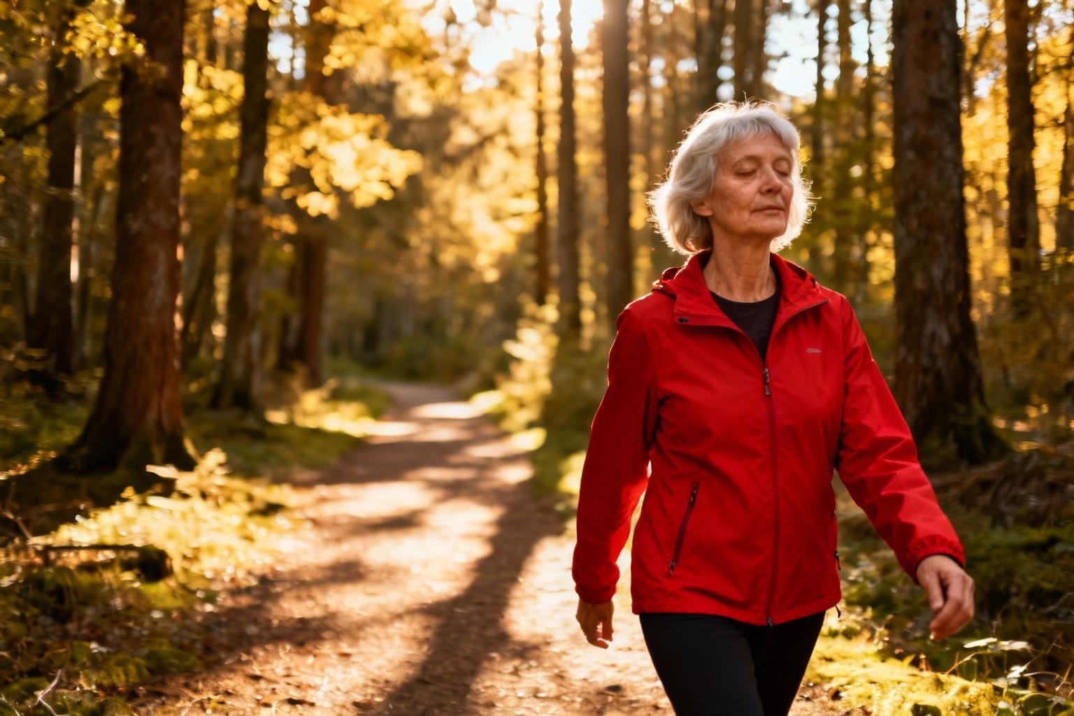 Femme âgée en veste rouge marchant lentement sur un sentier forestier lors d'une séance de méditation en pleine conscience