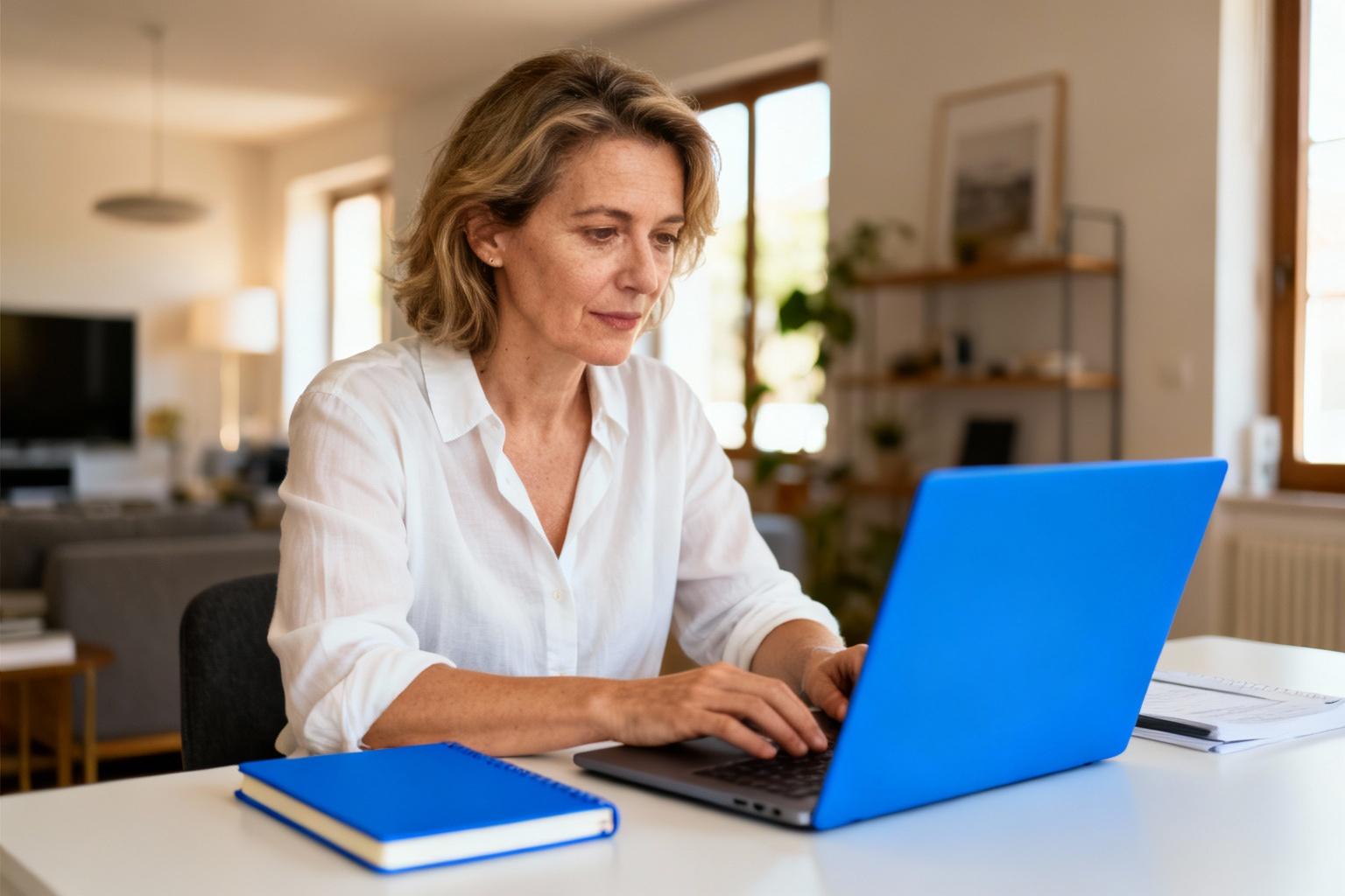 Femme concentrée travaillant sur un ordinateur portable dans un bureau à domicile moderne avec cahier bleu et lumière naturelle