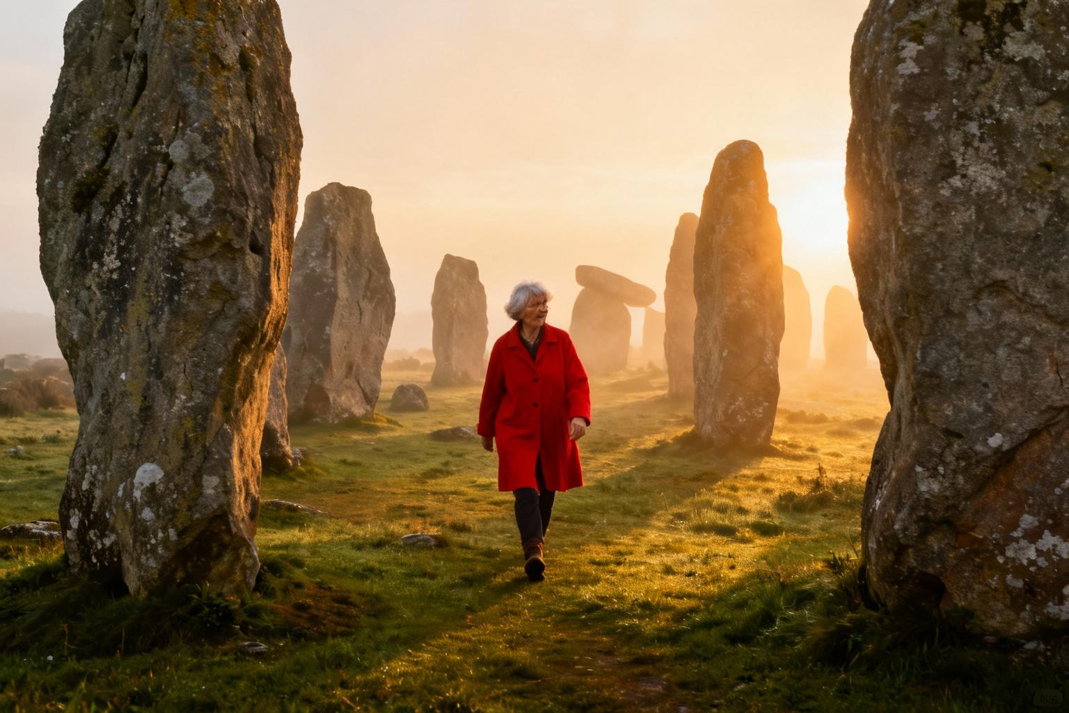 Alignement de menhirs en Bretagne avec une femme âgée en manteau rouge marchant parmi les pierres