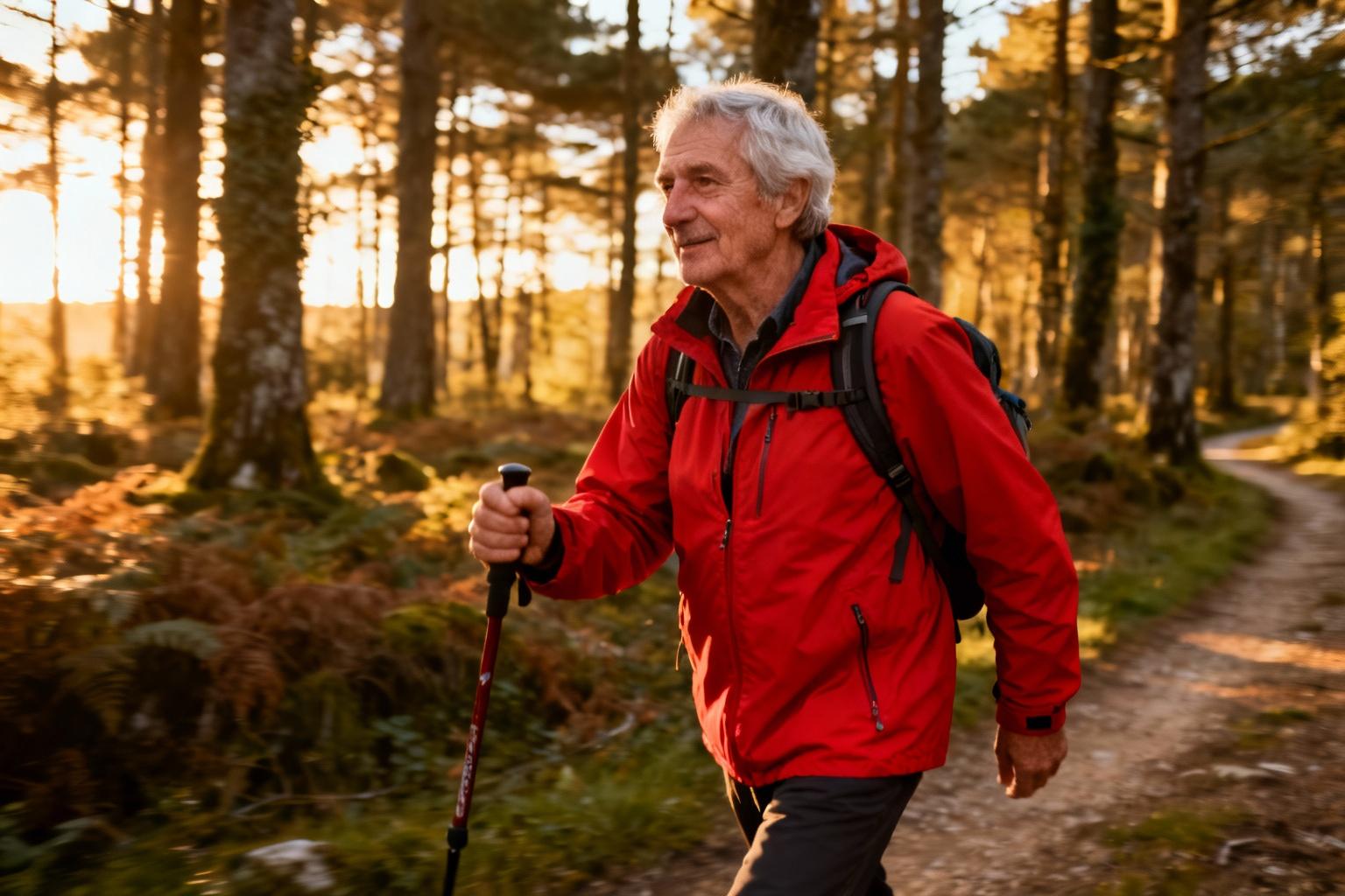 Pèlerin de 60 ans en veste rouge vif marchant avec un bâton sur un chemin forestier breton