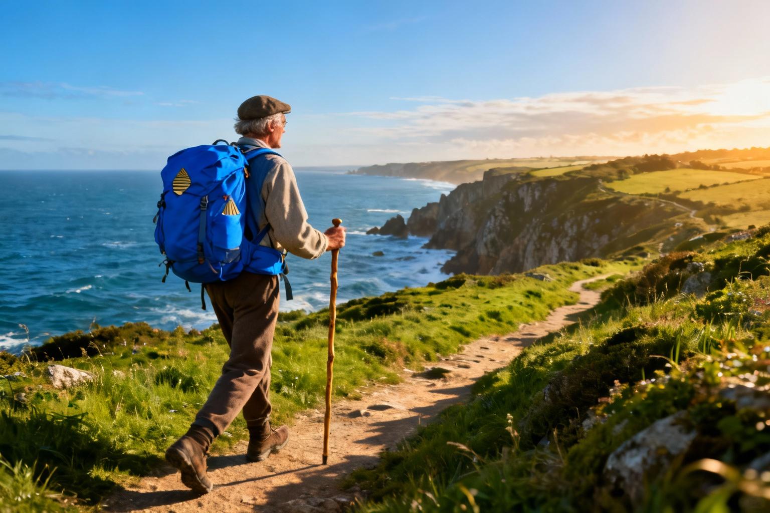 Pèlerin des années 60 avec sac à dos bleu marchant sur un chemin côtier breton, bâton à la main, vue sur l'océan