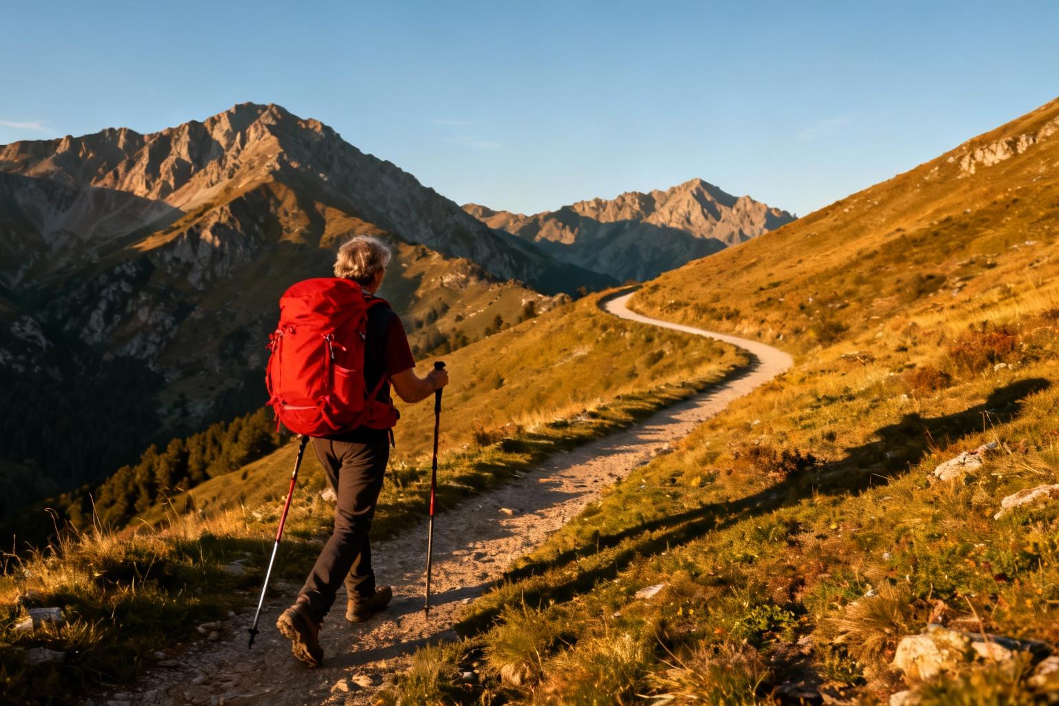 Pèlerin avec sac à dos rouge marchant sur le camino aragonés entouré de montagnes des Pyrénées avec bâtons de marche