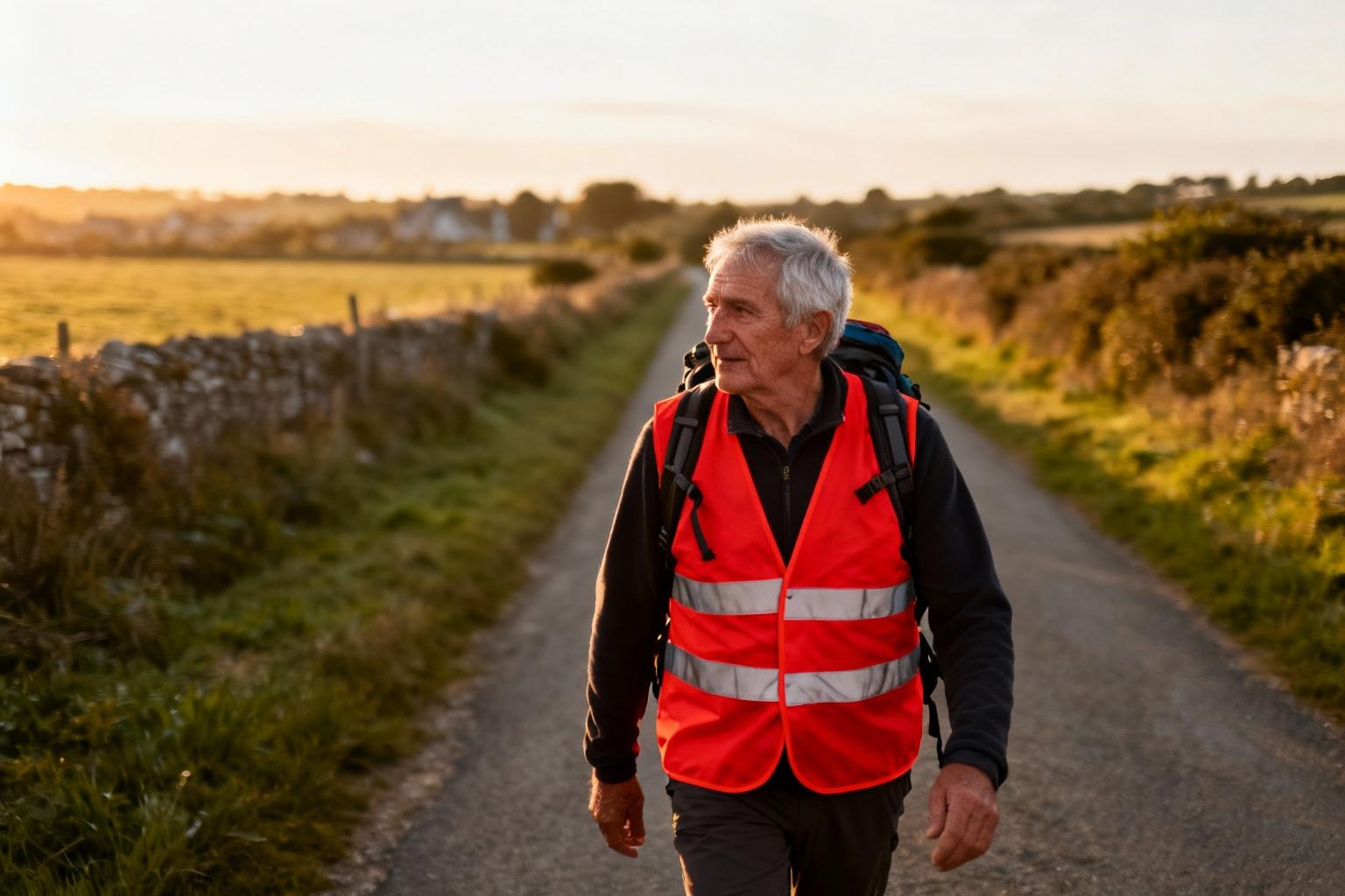 Pèlerin de 60 ans marche sur un chemin rural en Bretagne avec une veste rouge fluorescente et un sac à dos
