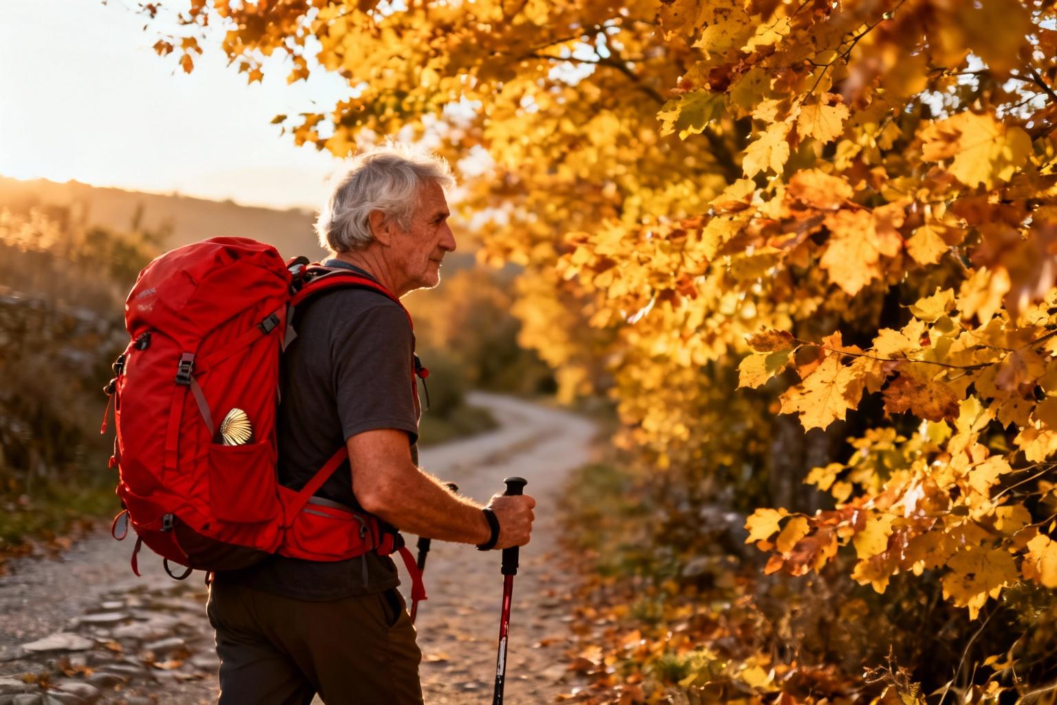 Un pèlerin avec un sac à dos rouge vif marchant sur le camino de santiago entouré de feuilles dorées en automne