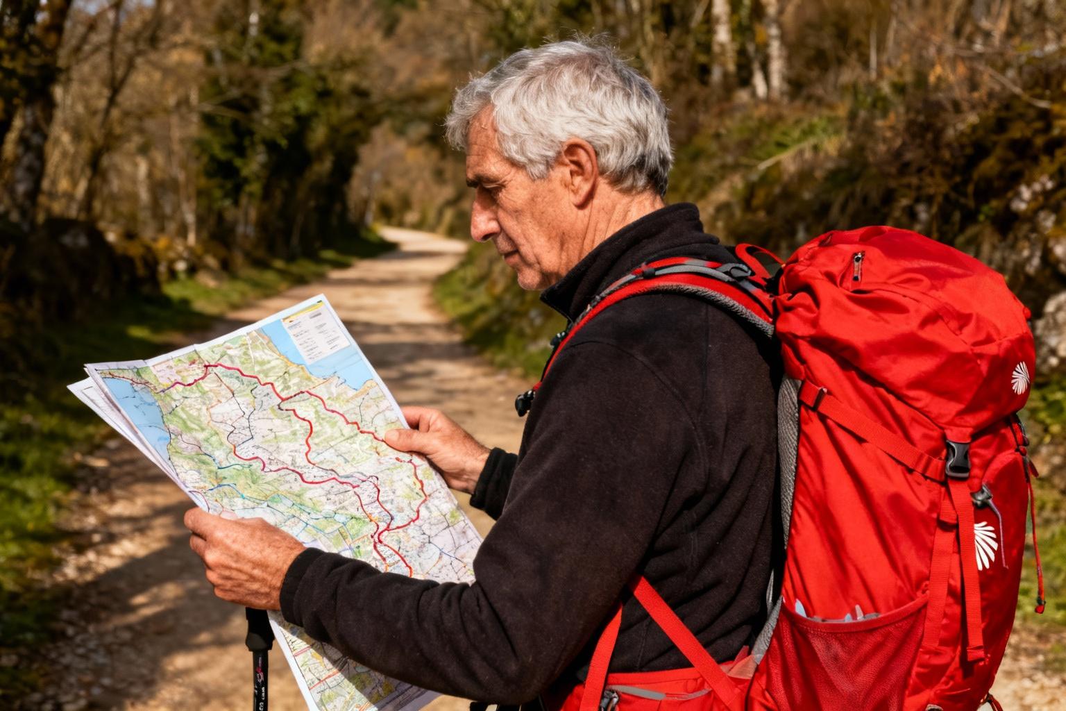 Un pèlerin européen de 60 ans étudiant attentivement une carte détaillée du Camino de Santiago avec un sac à dos rouge