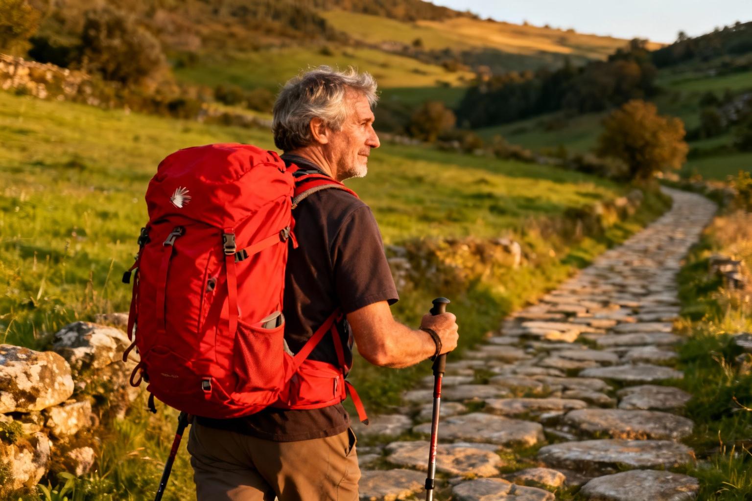 Pèlerin avec un sac à dos rouge vif marchant sur l'ancien chemin de pierre du camino de santiago