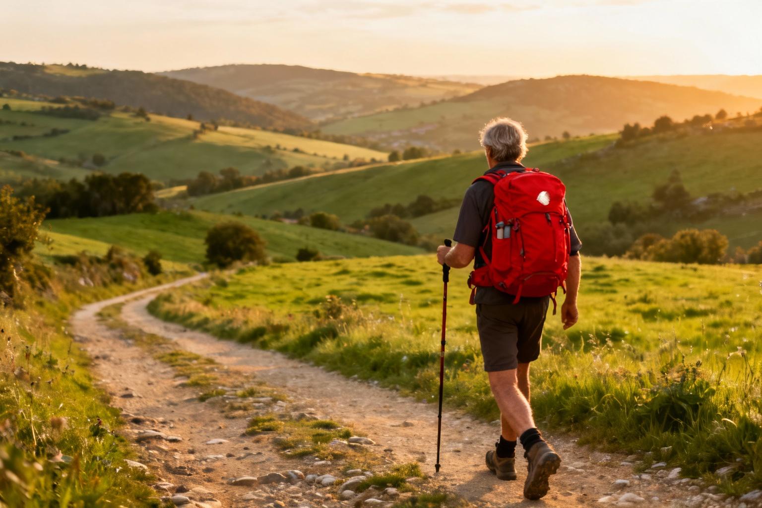 Pèlerin avec sac à dos rouge sur le chemin de Compostelle dans la campagne française, bâton à la main pendant l'heure dorée