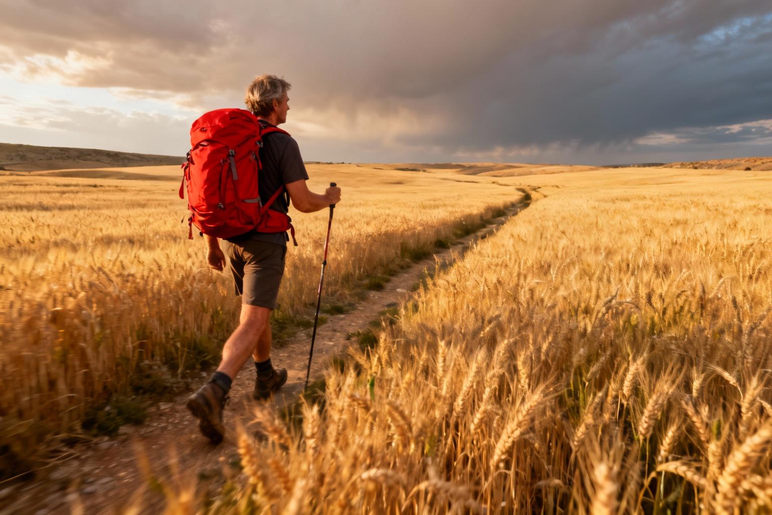 Pèlerin solitaire avec sac à dos rouge marchant sur le chemin de Compostelle à travers les vastes plaines dorées de la Meseta