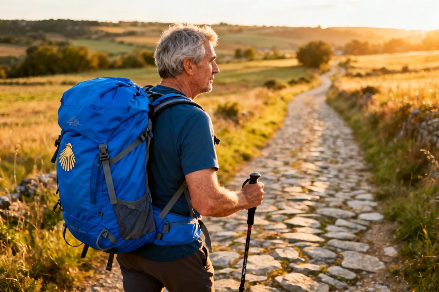 Pèlerin âgé portant un sac à dos bleu vif marchant sur le camino de santiago dans la campagne française