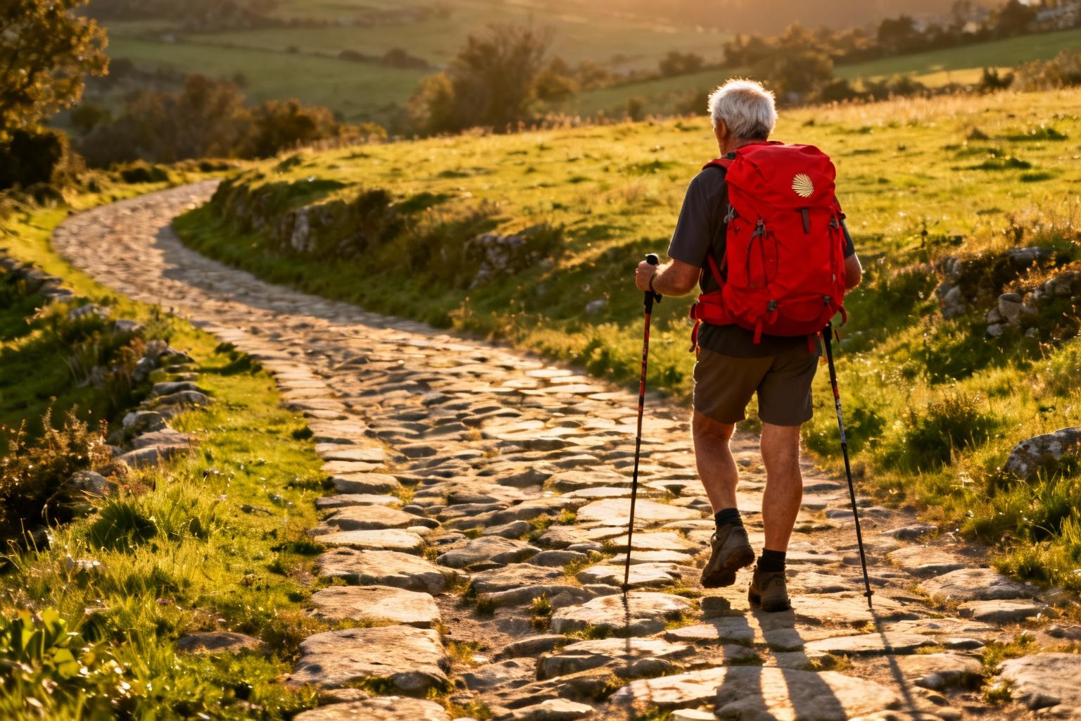 Pèlerin avec un sac à dos rouge marchant sur un chemin de pierre ancien au coucher du soleil