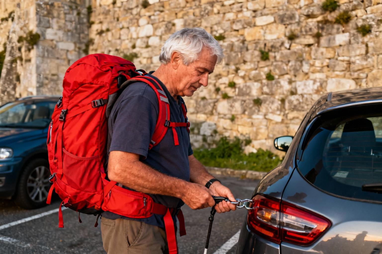 Un pèlerin de 60 ans avec un sac à dos rouge vif vérifiant le stationnement de sa voiture au Puy-en-Velay