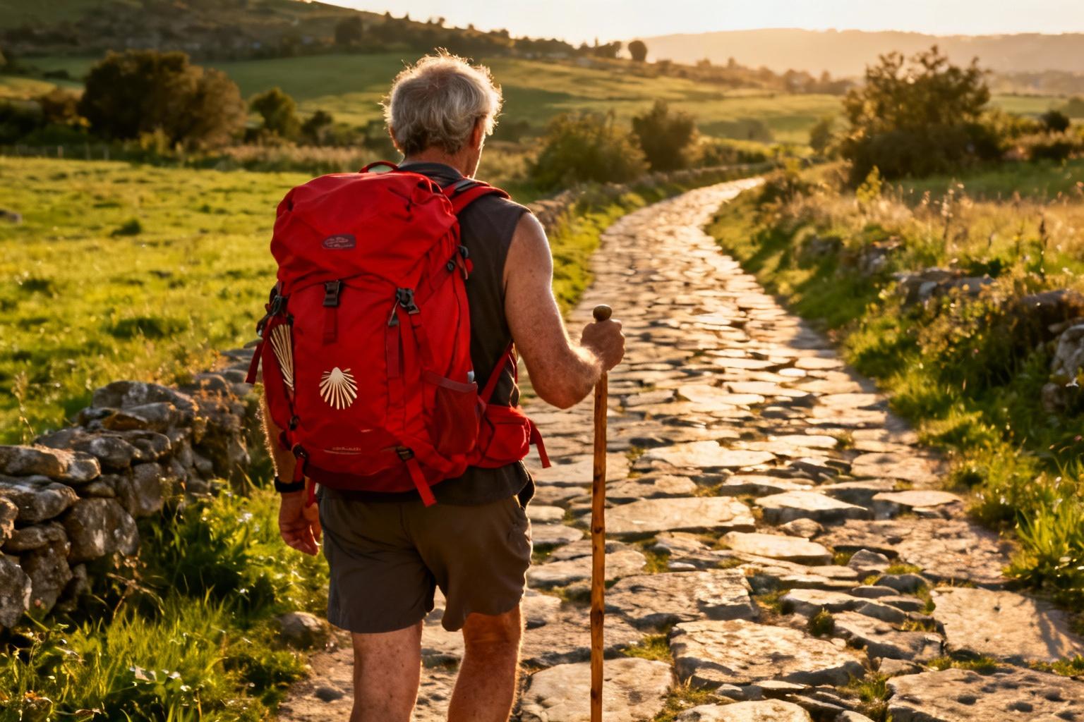 Pèlerin solitaire marchant sur le chemin de pierres du Camino de Santiago portant un sac à dos rouge vif