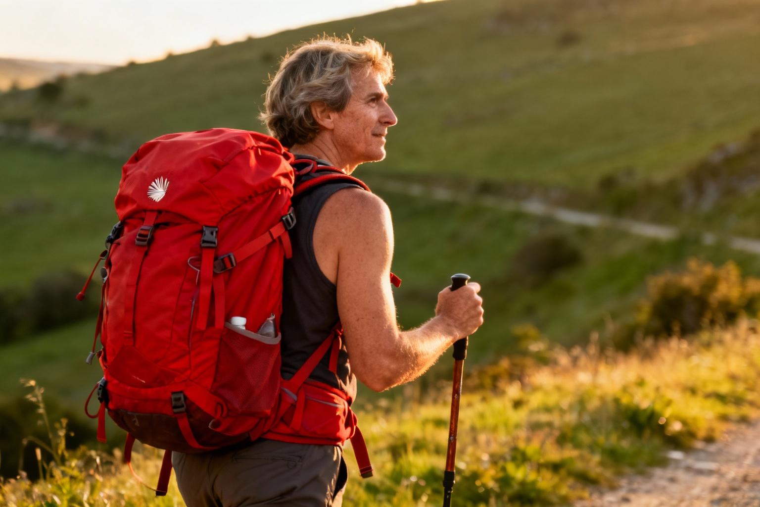 Pèlerin marchant sur le Camino de Santiago avec un sac à dos rouge, bâton à la main, pendant l'heure dorée