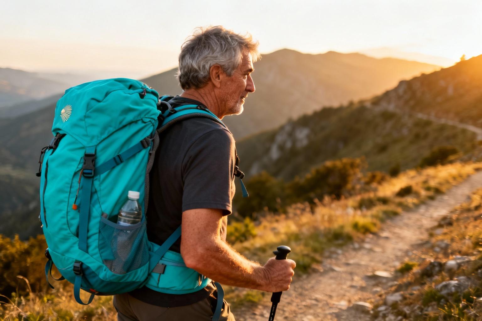 Pèlerin de 55 ans marchant sur le camino de Santiago avec un sac à dos turquoise durant l'heure dorée