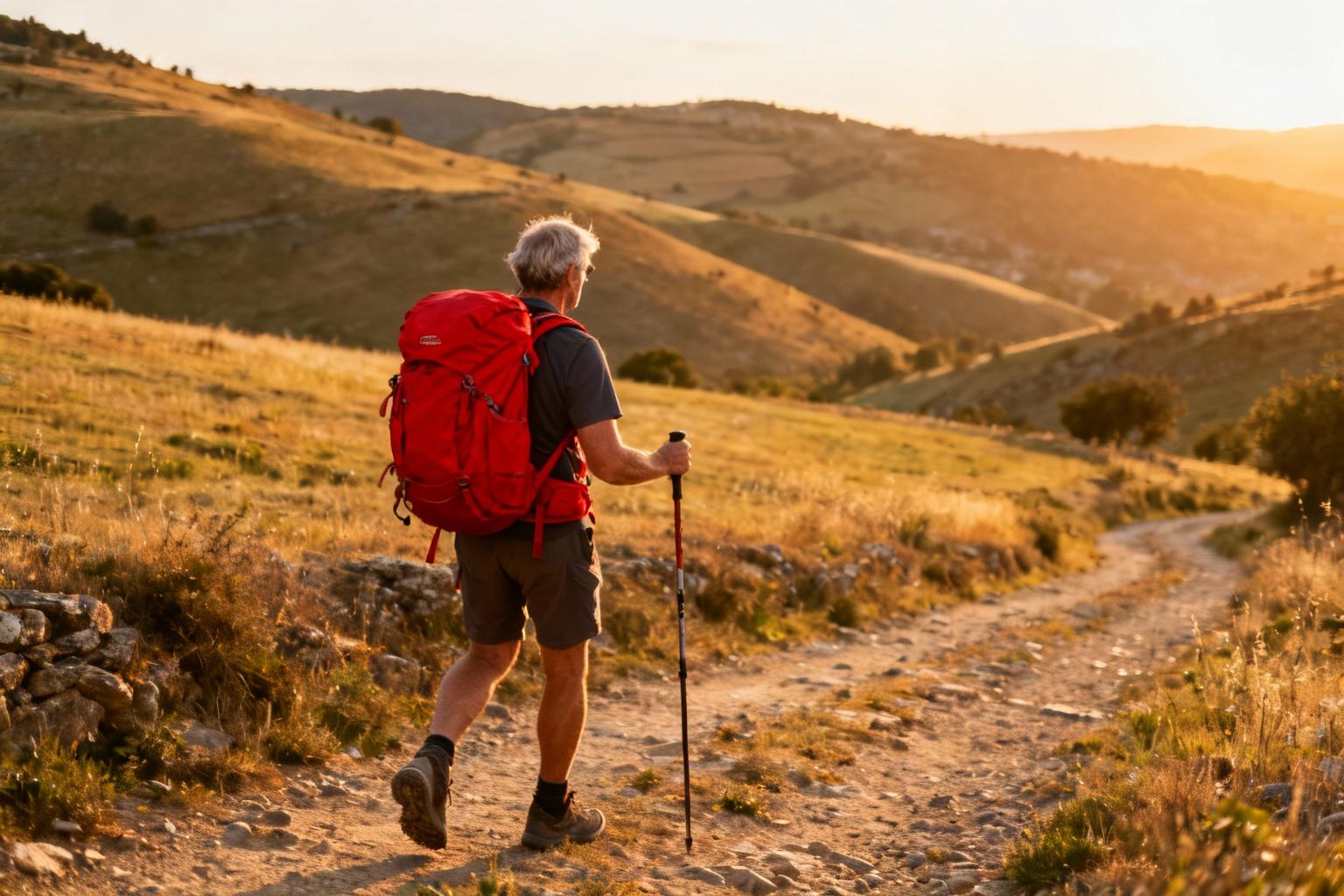 Pèlerin européen avec sac à dos rouge marchant sur le camino sous la lumière dorée du soir
