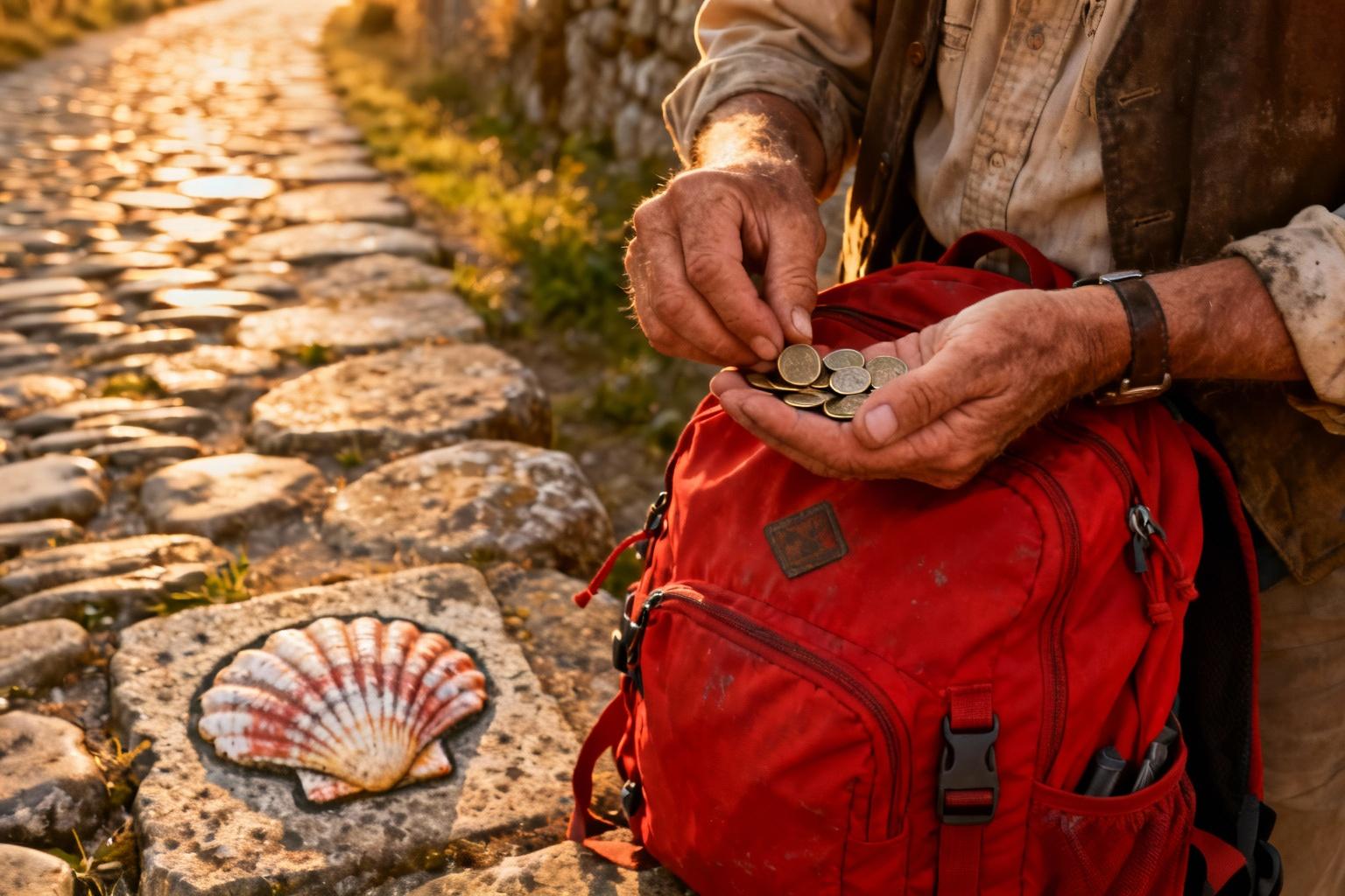 Pèlerin âgé comptant des pièces de monnaie avec des mains usées, sac à dos rouge vif, chemin de pierre ancien avec coquilles Saint-Jacques