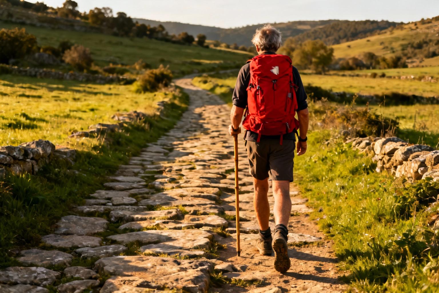 Pèlerin avec un sac à dos rouge marche sur un sentier de pierres anciennes entouré de verdure