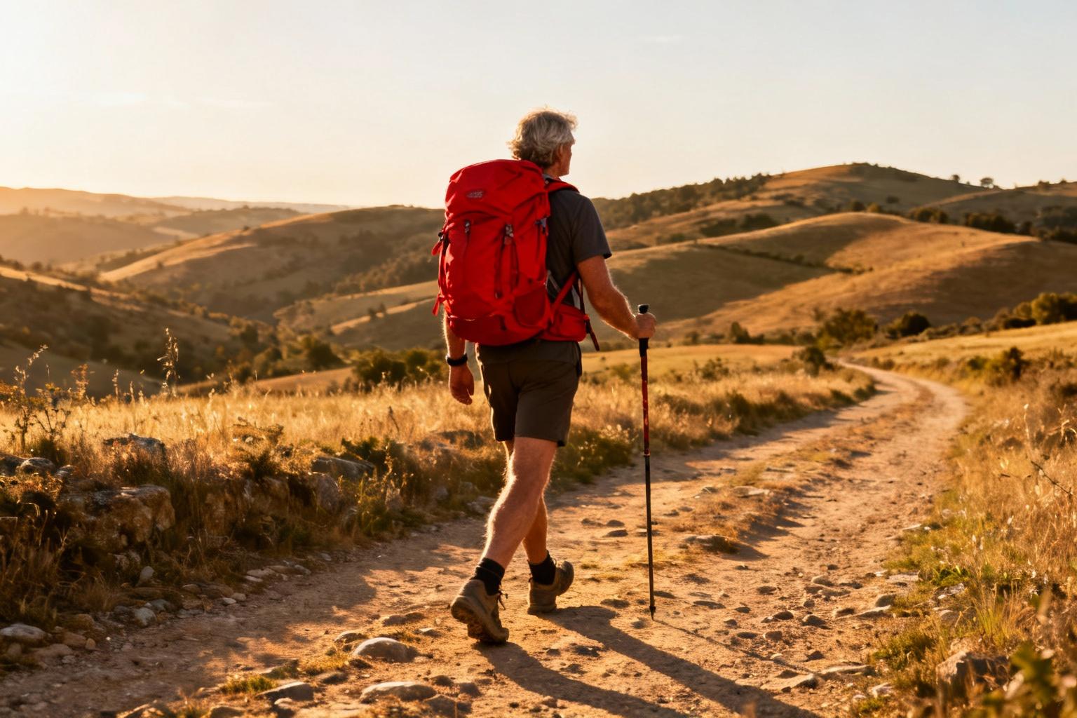 Pèlerin avec sac à dos rouge marchant sur le chemin de Compostelle dans la campagne espagnole à l'heure dorée
