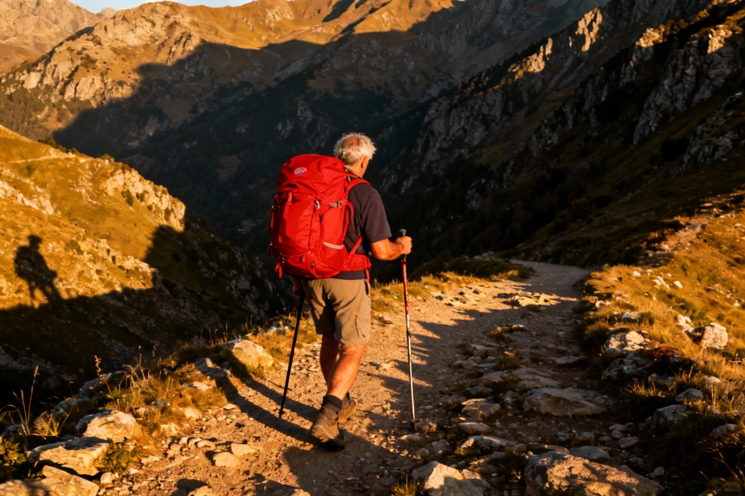 Pèlerin des années 60 avec sac à dos rouge marchant sur un sentier montagneux du Camino de Santiago