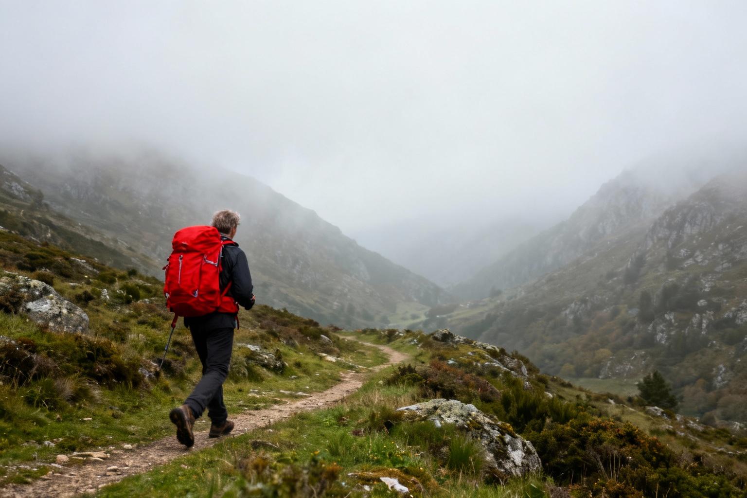 Pèlerin avec un sac à dos rouge marchant seul sur le chemin de Compostelle entouré de montagnes brumeuses