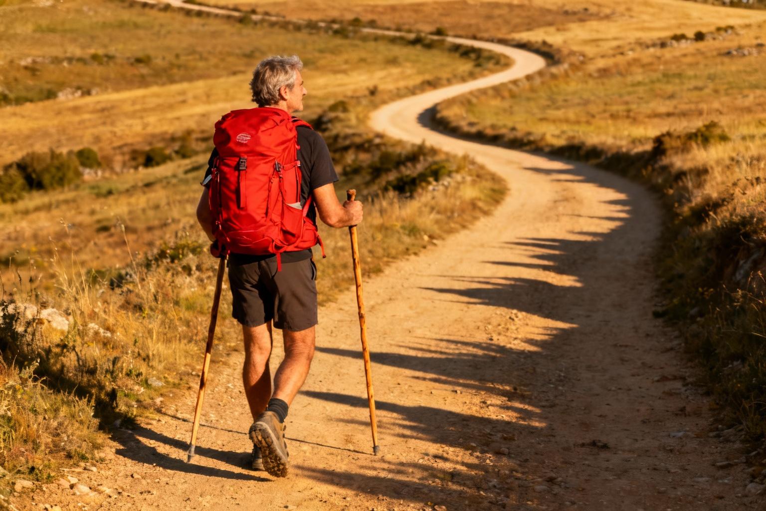 Pèlerin avec un sac à dos rouge vif marchant sur le camino de santiago à la campagne espagnole