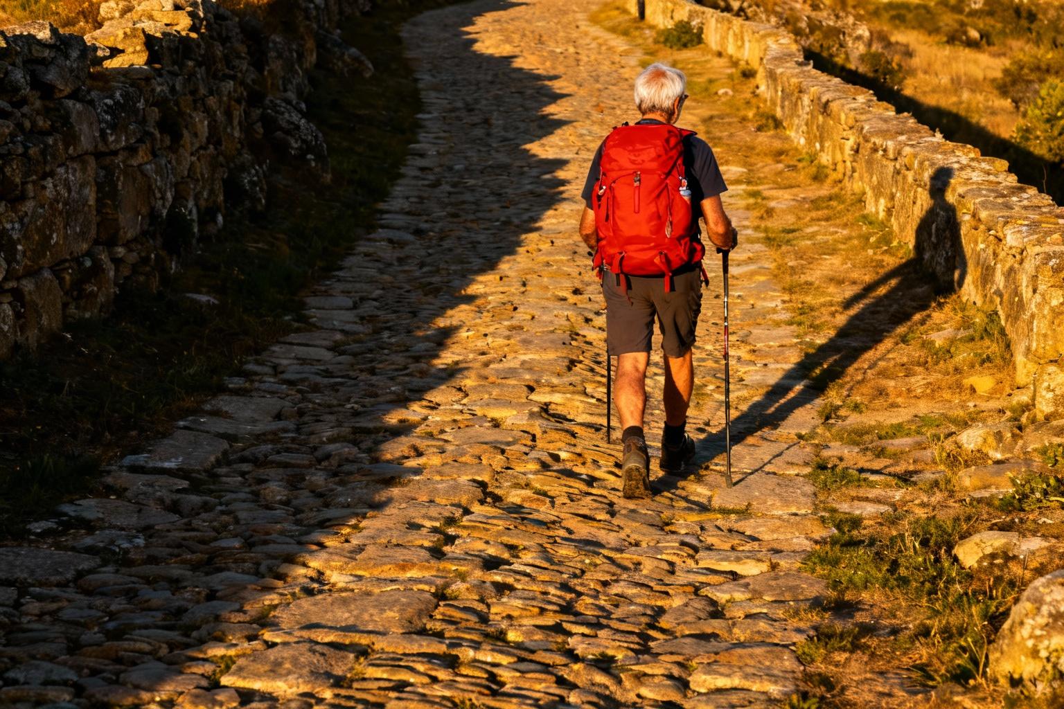Pèlerin âgé portant un sac à dos rouge vif marchant sur un chemin pavé ancien durant l'heure dorée