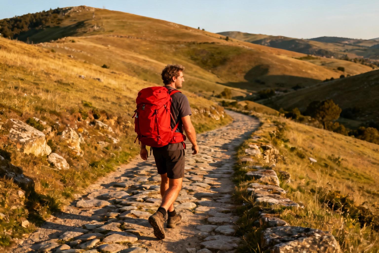 Pèlerin européen avec sac à dos rouge marchant sur un chemin de pierre entouré de collines lors du coucher de soleil