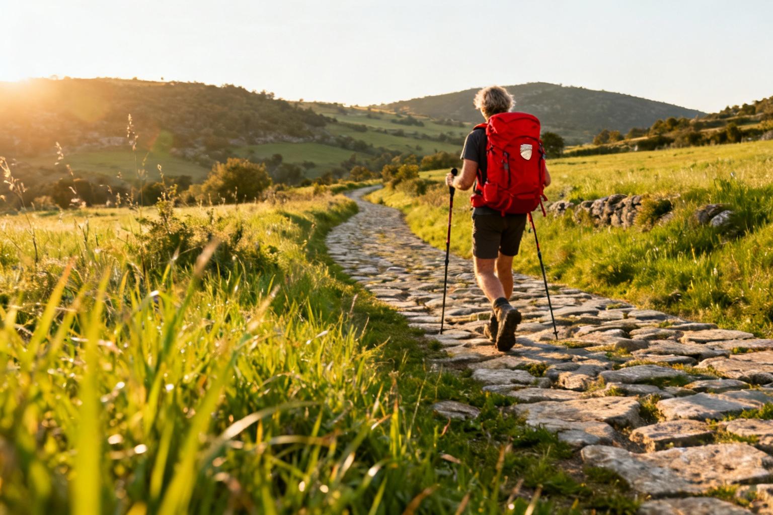 Pèlerin avec un sac à dos rouge vif marchant sur l'ancien chemin de Compostelle à travers la campagne espagnole