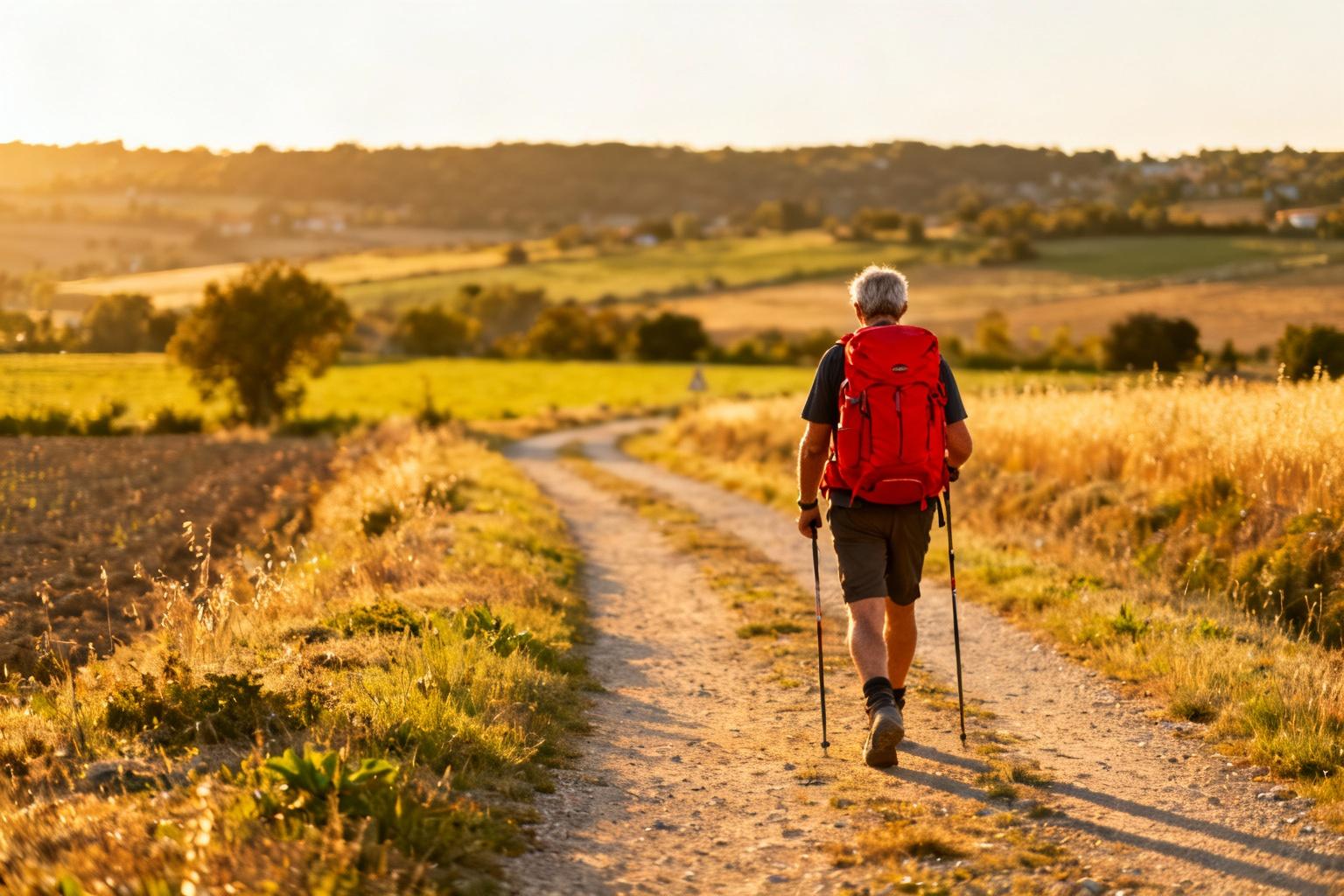 Pèlerin marchant sur le chemin de Saint-Jacques avec un sac à dos rouge, paysage rural français à l'heure dorée