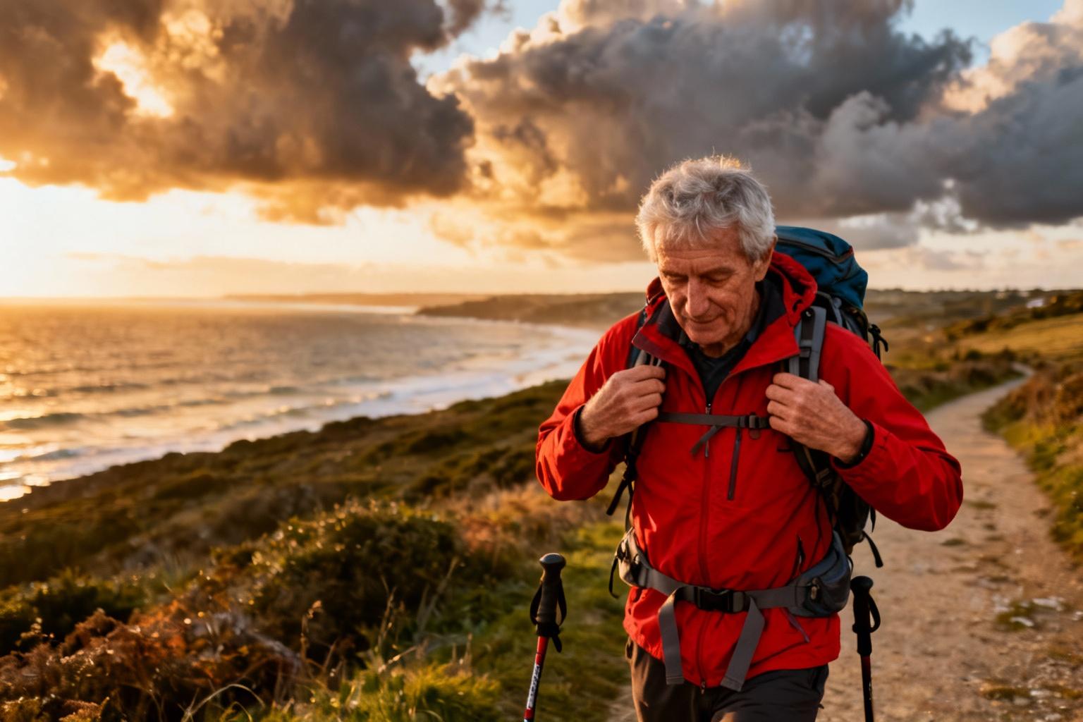 Pèlerin de 60 ans en veste rouge ajustant son sac à dos sur le camino de santiago avec bâtons de marche