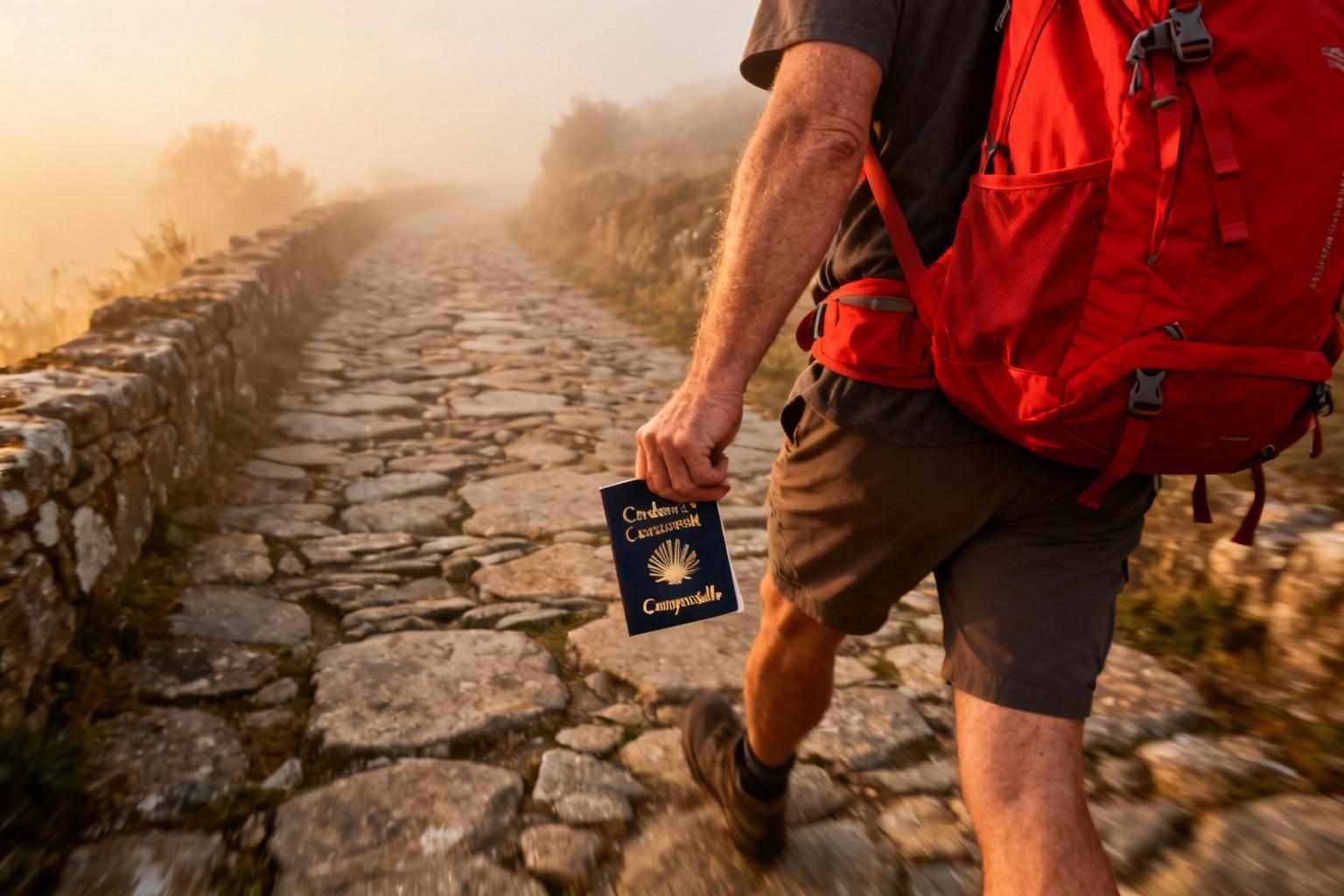 Pèlerin européen marchant sur un ancien chemin de pierre avec sa credential Compostelle et un sac à dos rouge