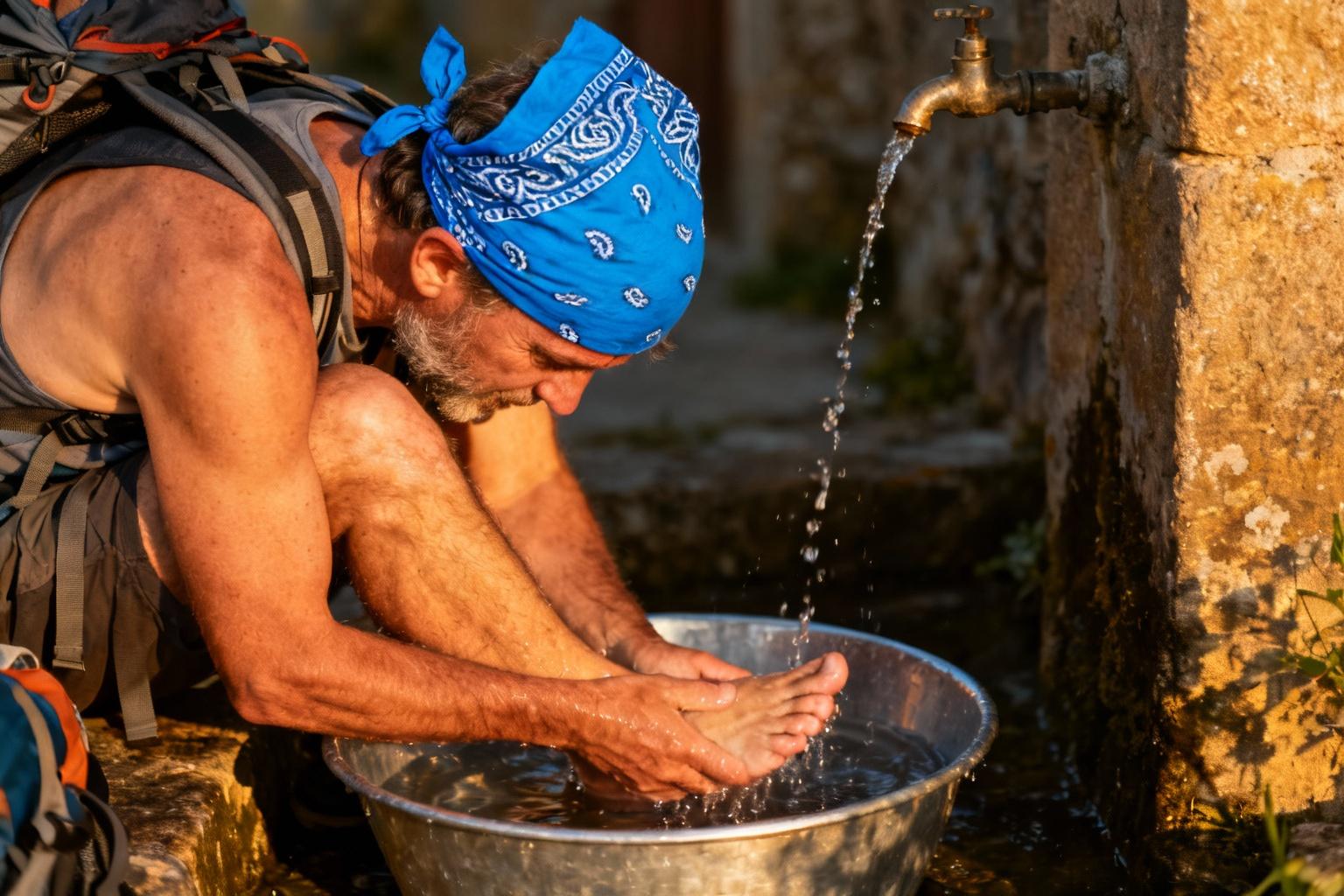 Pèlerin européen lavant ses pieds dans une bassine en métal avec un bandana bleu vif pendant le chemin de Compostelle
