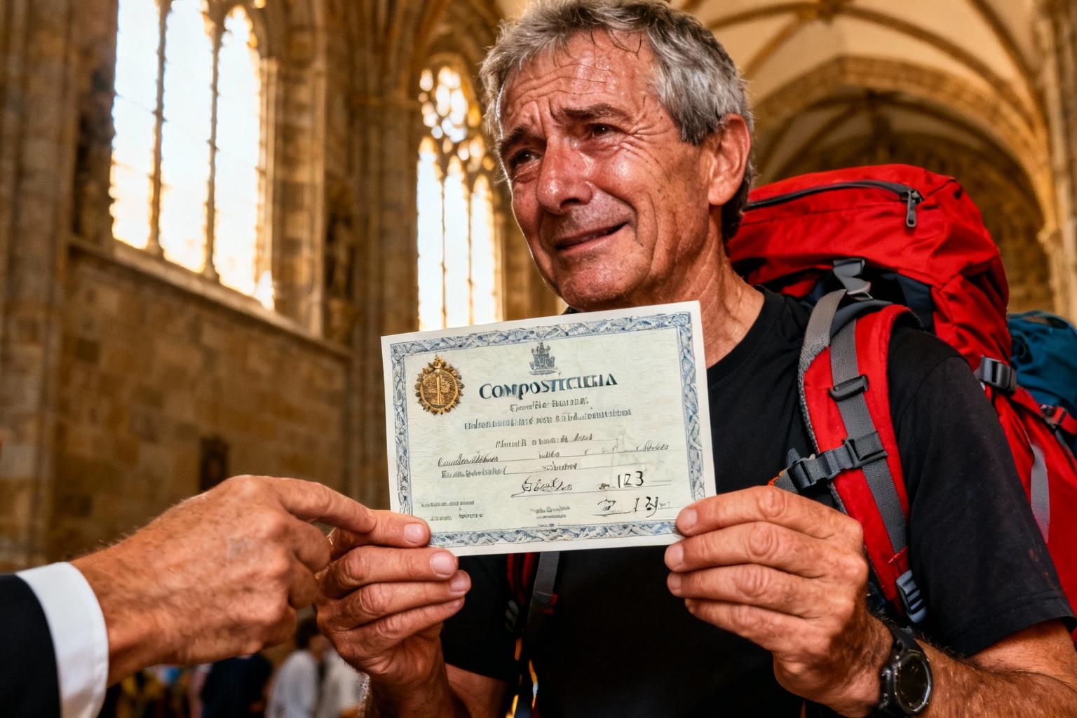 Pèlerin âgé de 55 ans recevant son certificat Compostela dans la cathédrale de Santiago, avec un sac à dos rouge vif