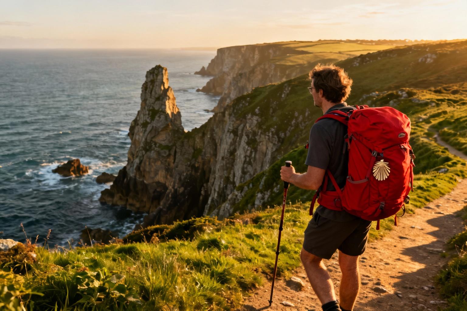 Pèlerin avec un sac à dos rouge marchant sur un sentier côtier breton vers Saint-Jacques de Compostelle