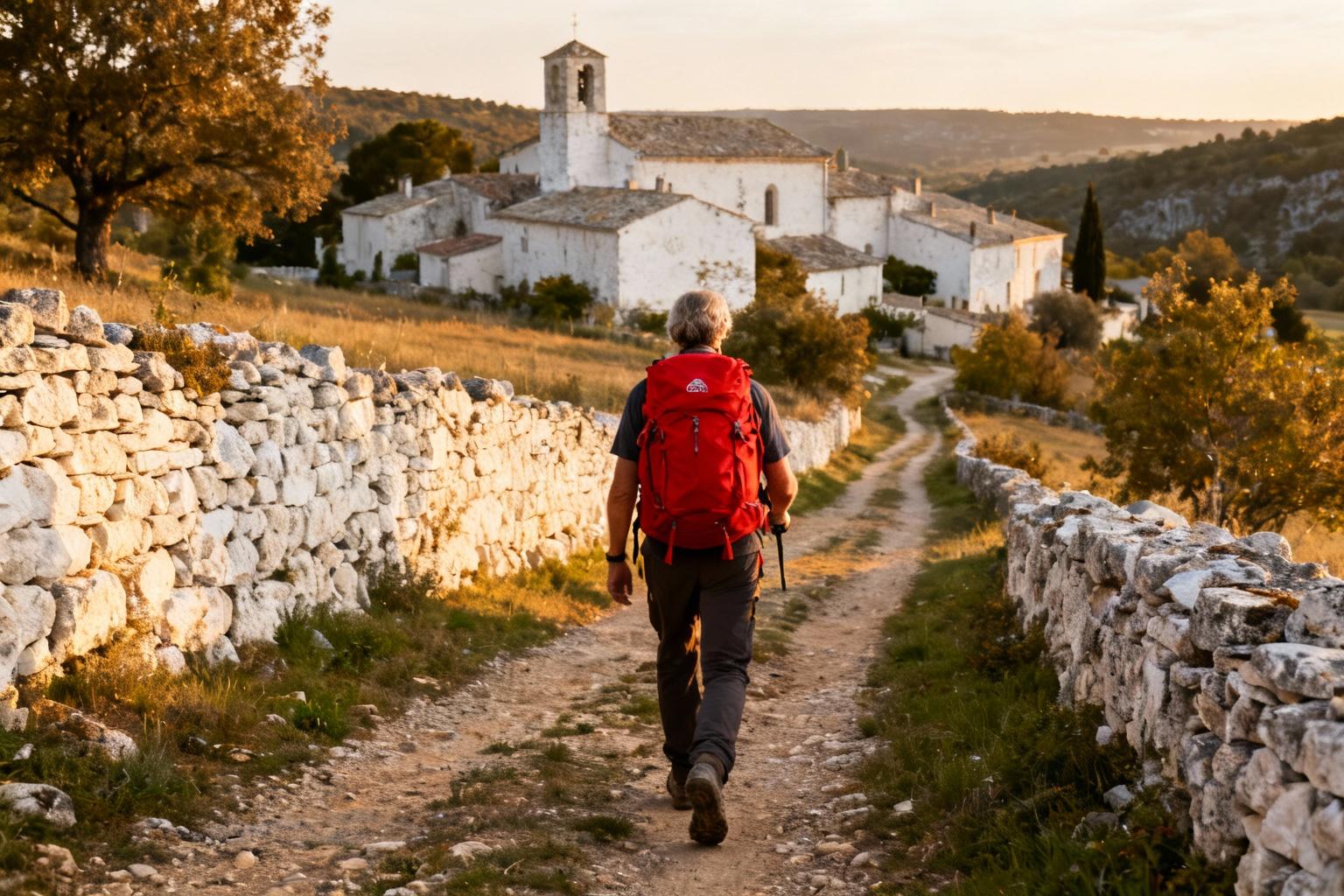 Pèlerin européen avec sac à dos rouge marchant sur le GR65 près du village de Lascabanes sous la lumière dorée