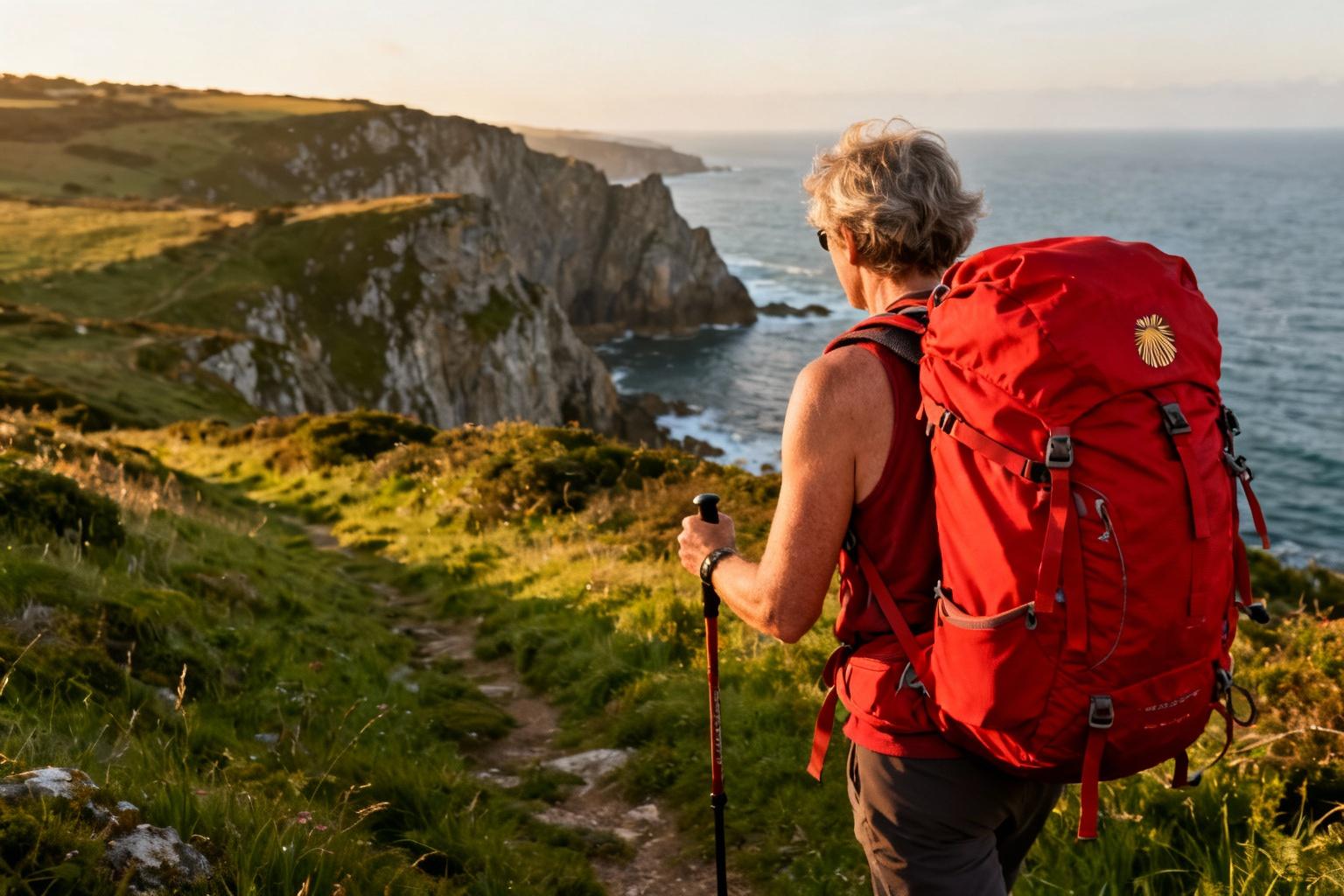 Un pèlerin avec un sac à dos rouge vif marche sur le sentier côtier breton avec vue sur l'océan et les falaises