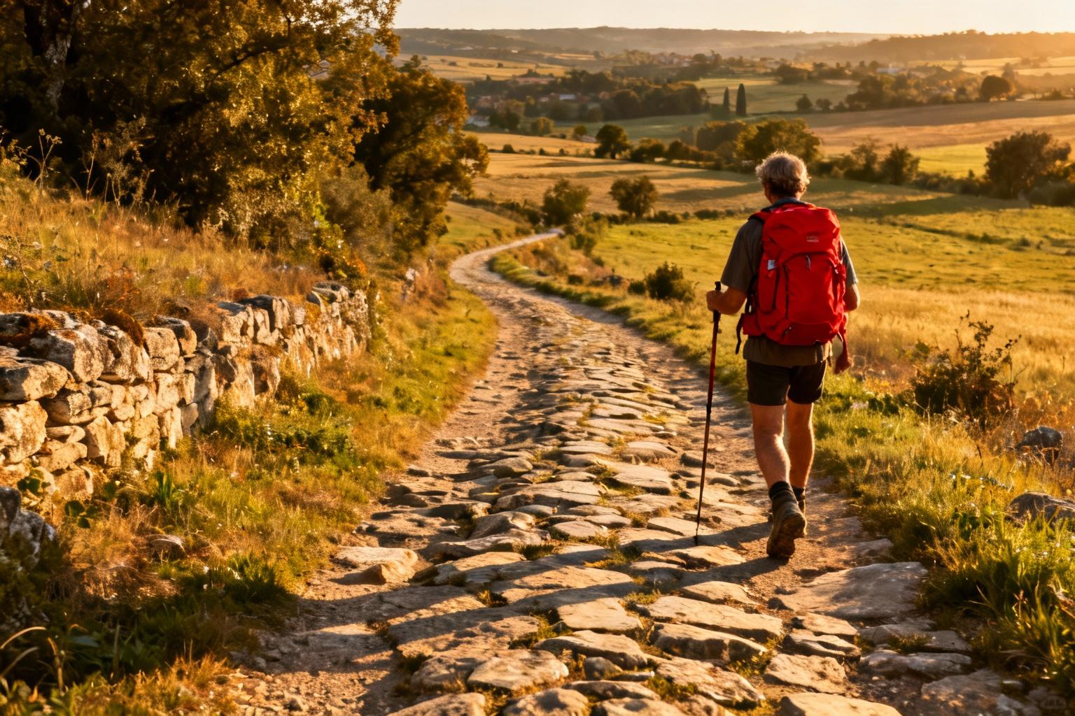 Pèlerin européen sur le chemin de Compostelle avec sac à dos rouge, marchant sur un sentier de pierre ancien dans la campagne française