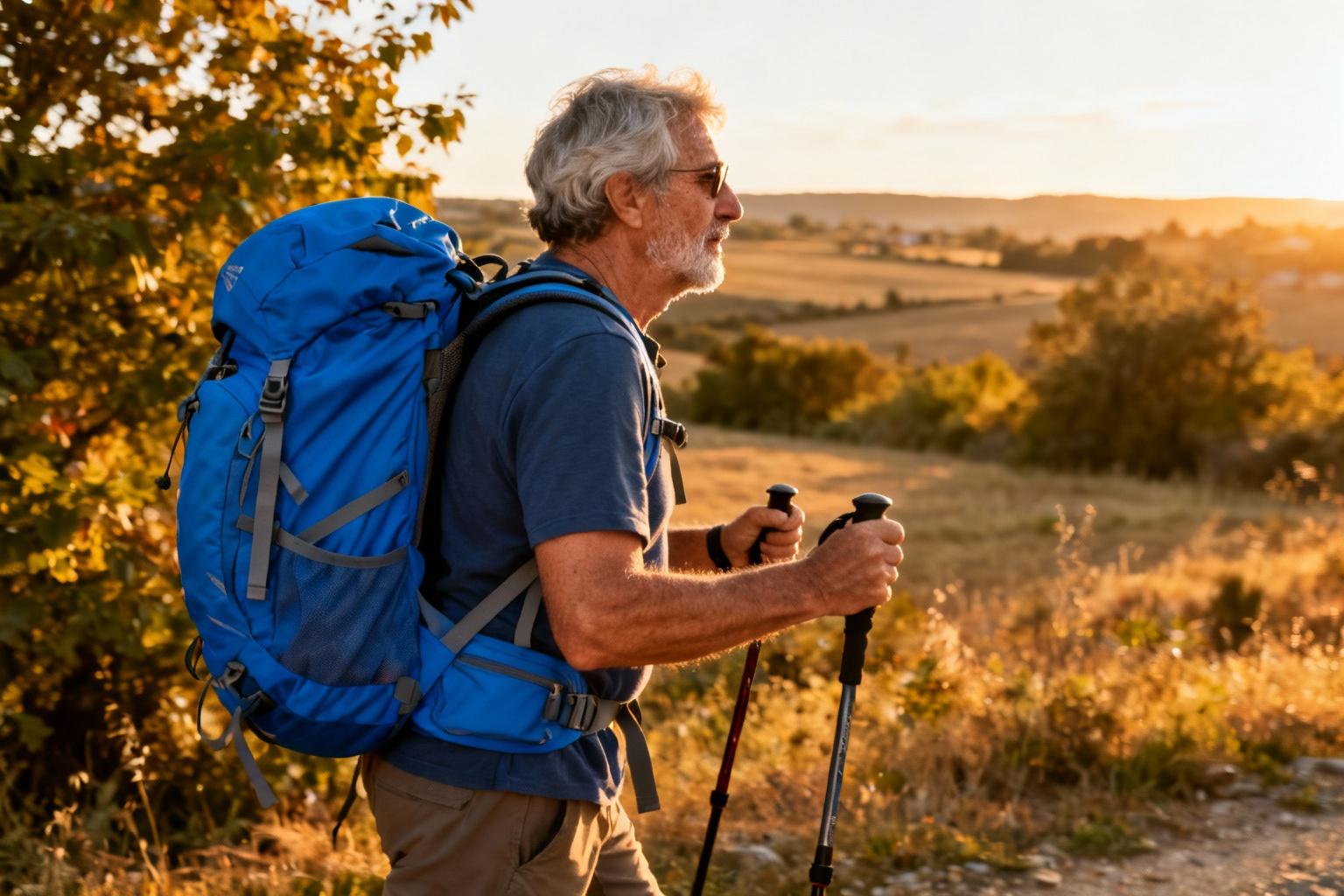 Un randonneur avec un sac à dos bleu marche sur le chemin de Compostelle entouré de paysages espagnols