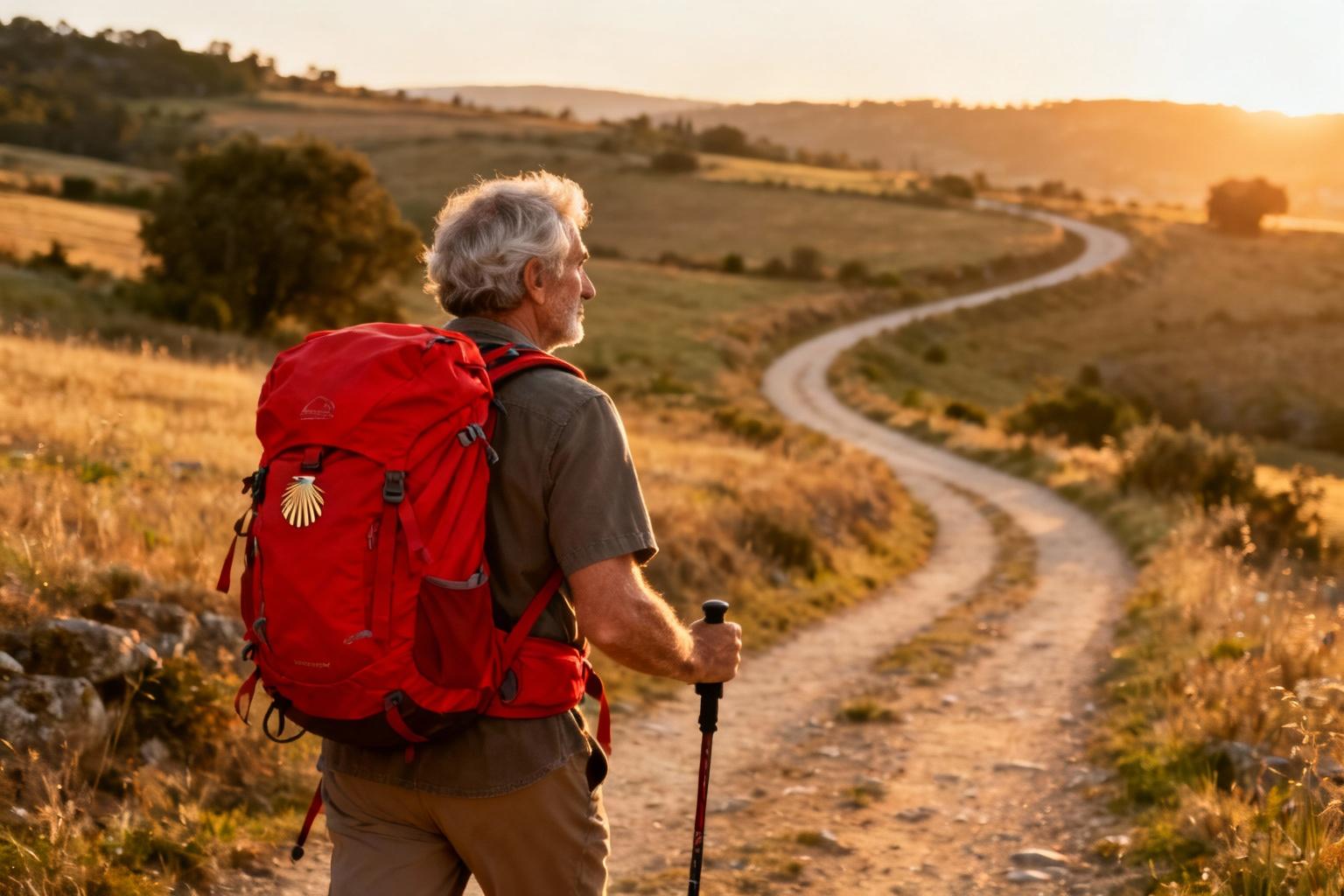 Randonneur avec un sac à dos rouge marchant sur le chemin de Compostelle à la campagne espagnole avec des bâtons de marche