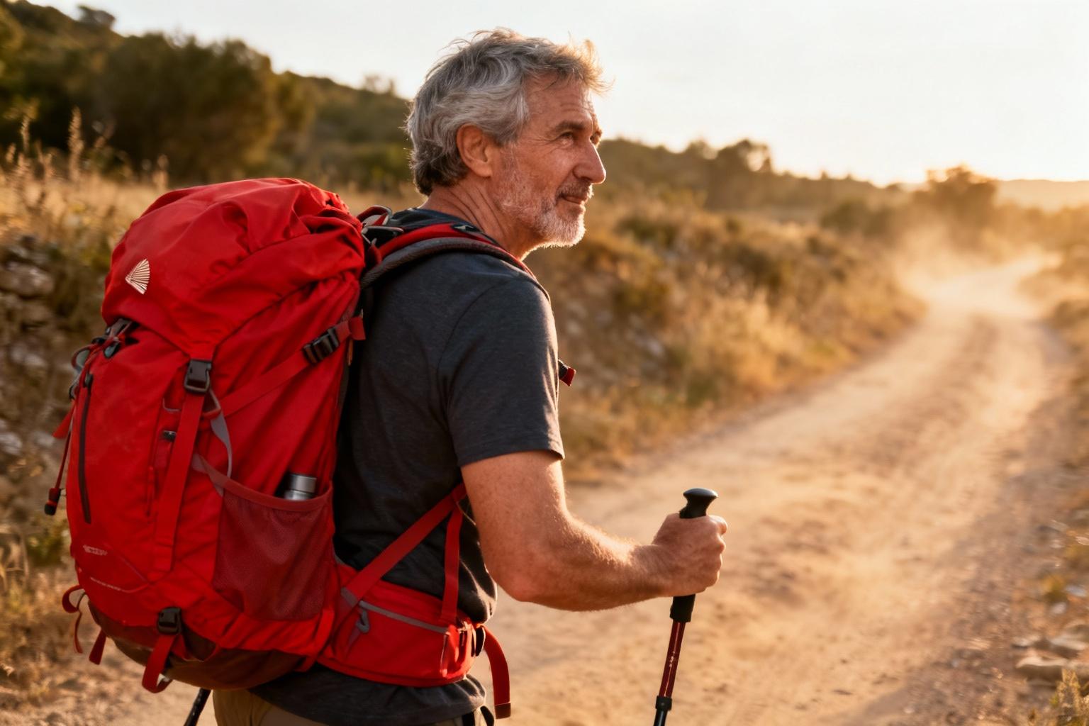Randonneur de 55 ans marchant sur le chemin de Compostelle avec un sac à dos rouge, bâtons de marche à la main