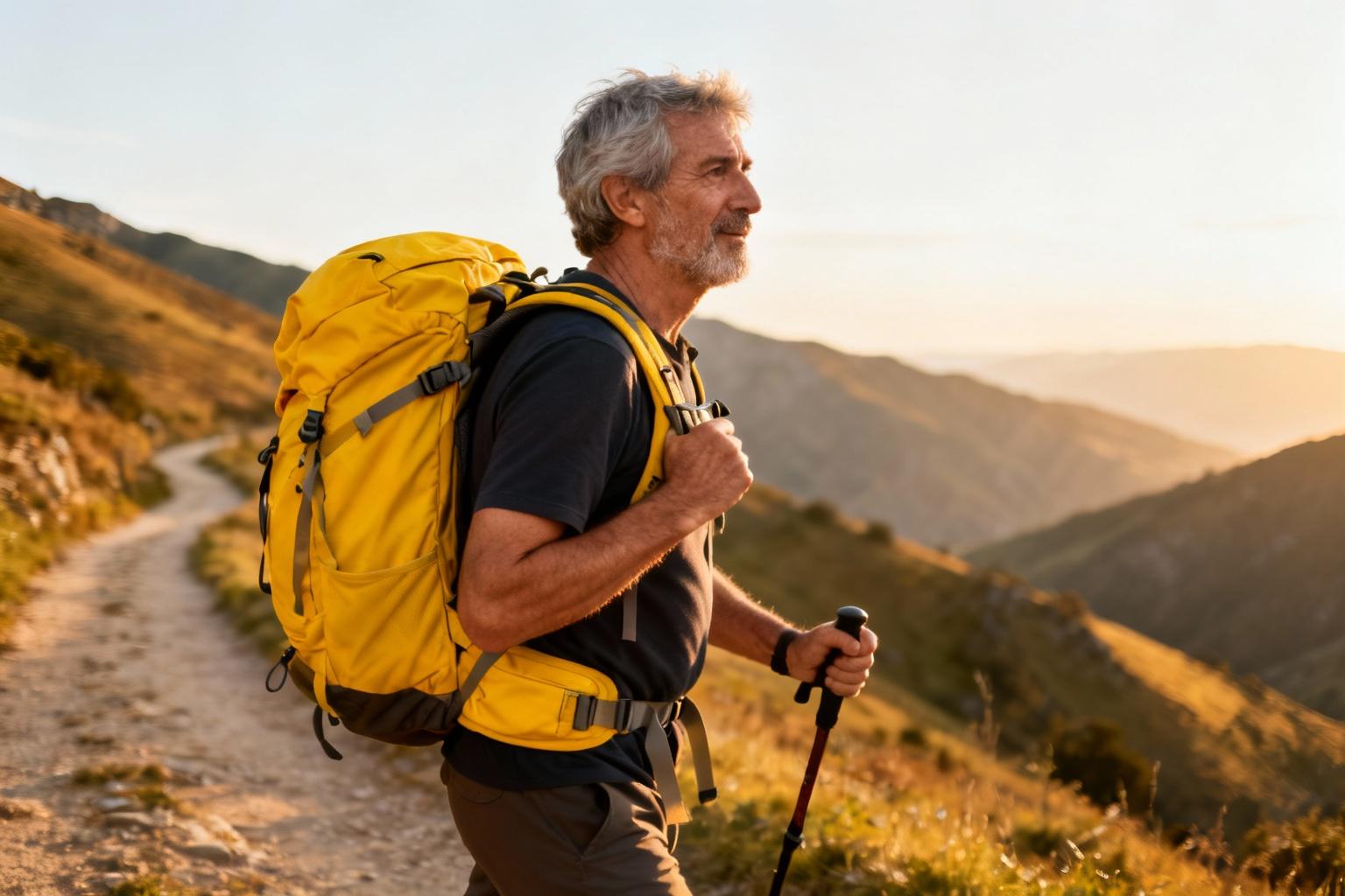 Pèlerin avec sac à dos jaune marchant sur un sentier de montagne lors du chemin de Compostelle