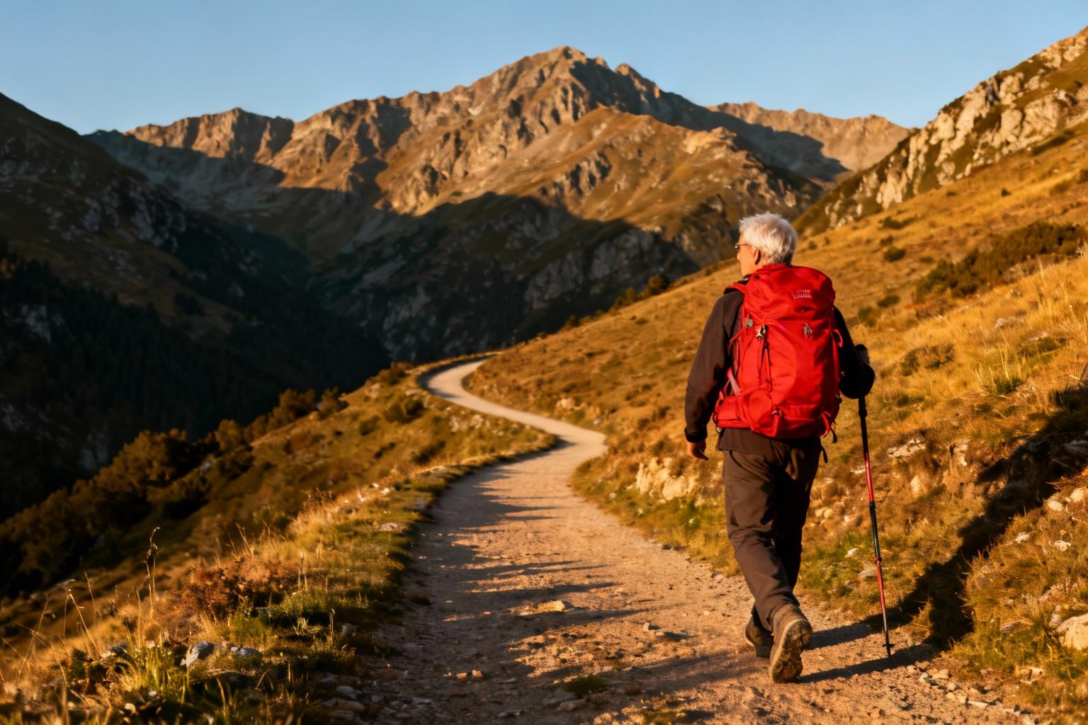 Randonneur âgé avec sac à dos rouge marchant sur le camino de Santiago dans les Pyrénées sous la lumière dorée
