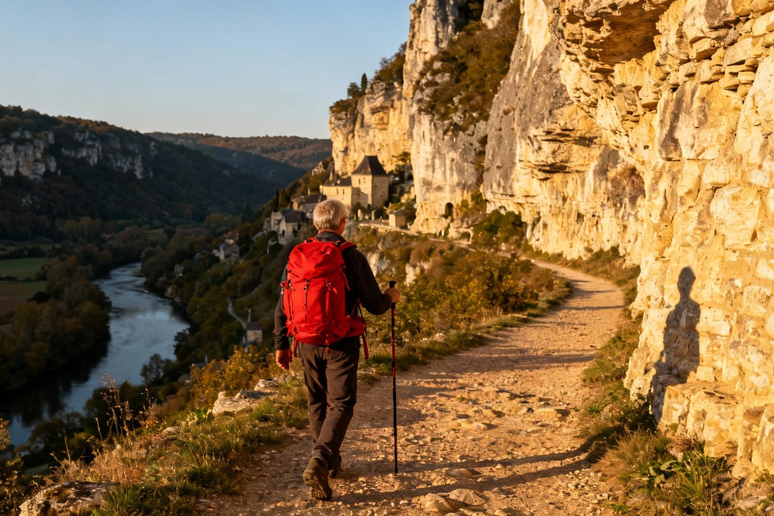 Randonneur sur le chemin des pèlerins avec un sac à dos rouge, paysage des gorges du Célé en arrière-plan