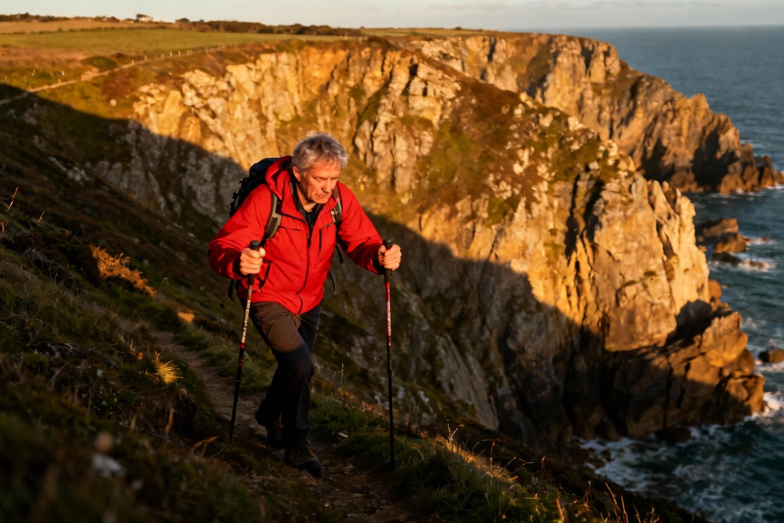 Randonneur de 55 ans en veste rouge escaladant une colline escarpée avec des bâtons de trekking sur le sentier des douaniers en Bretagne
