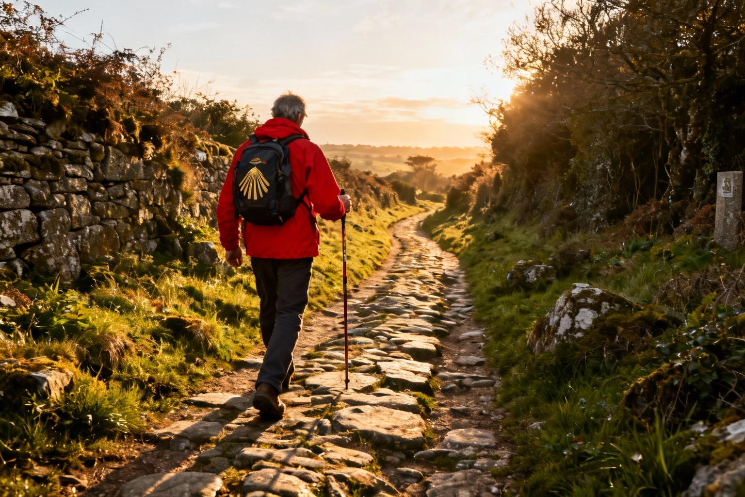 Bénévole en veste rouge entretenant le chemin de Saint-Jacques en Bretagne avec bâton de marche et sac à dos